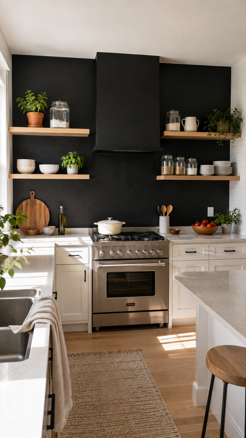 Black Accent Walls idea in a bright kitchen, with one satin black cooking wall contrasting light cabinets and daylight.