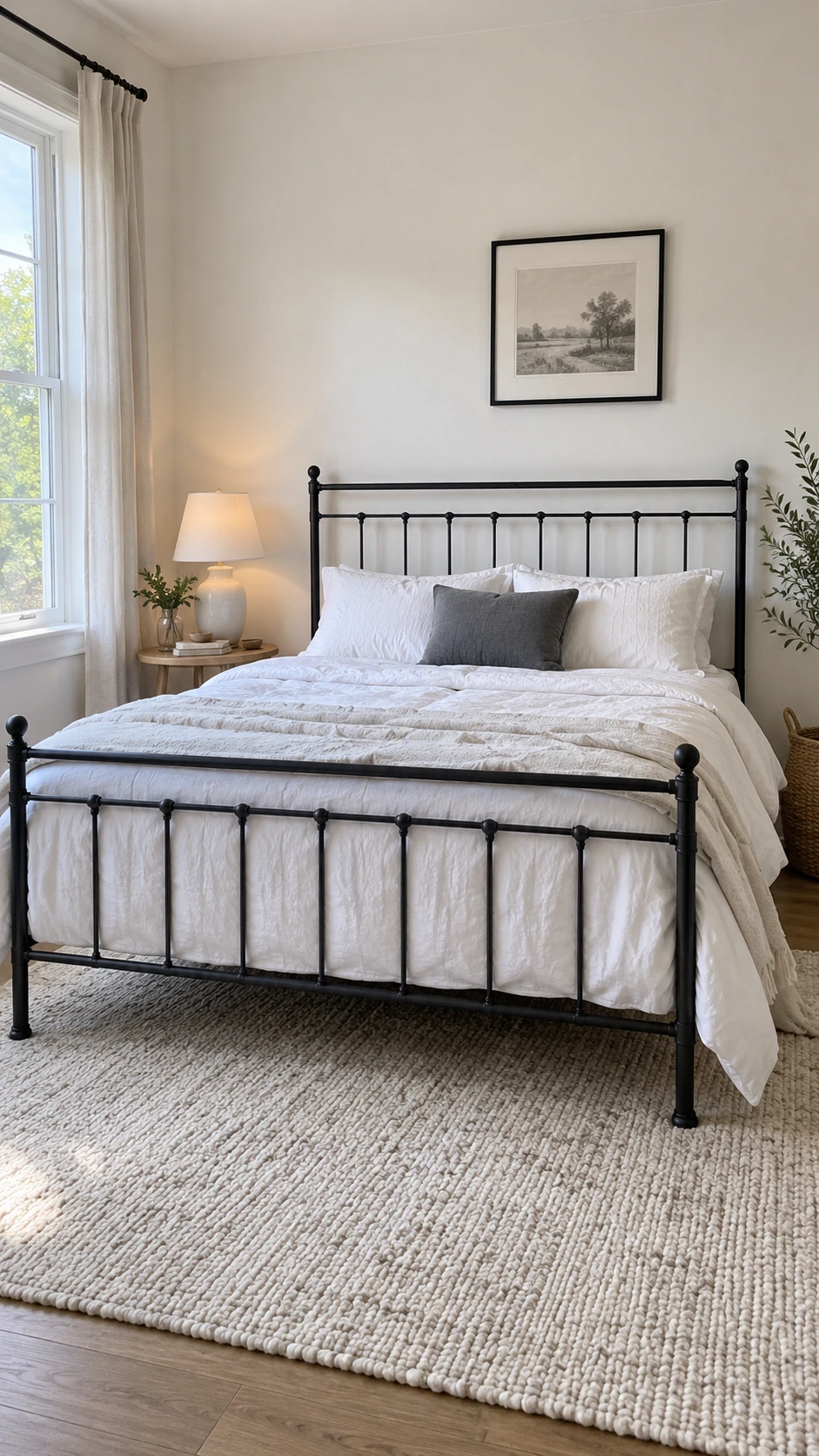Black metal bed frame with vertical iron-style bars and matte finish styled with white cotton bedding in a bright naturally lit modern bedroom