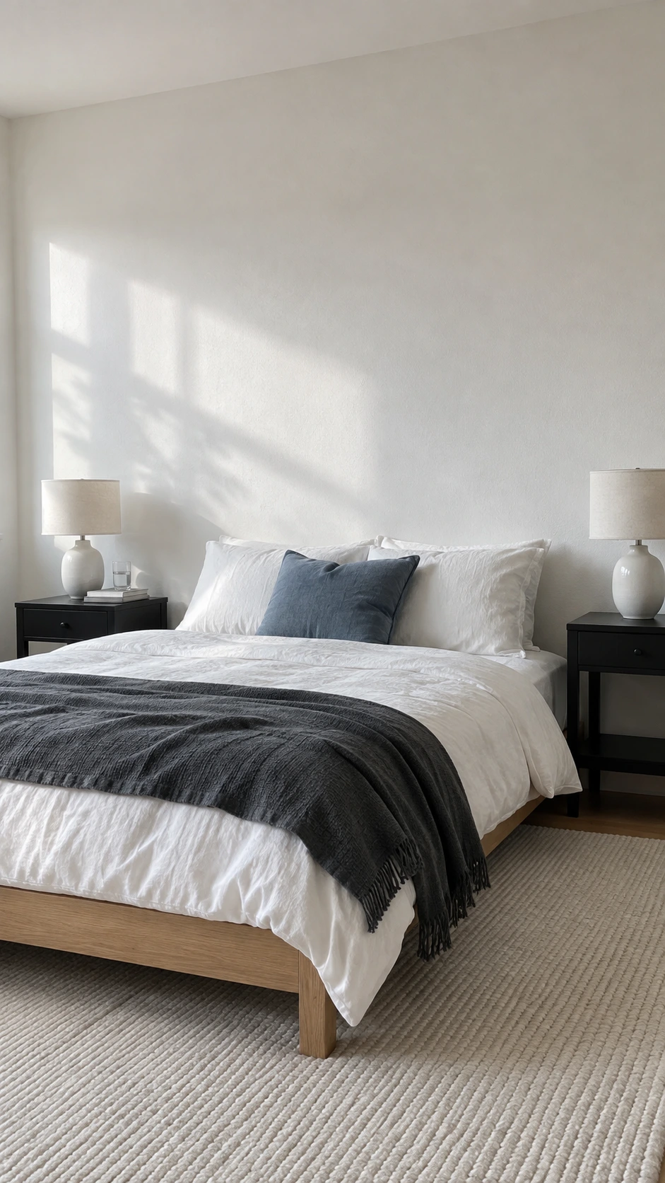 Matte black nightstands flanking a neatly made bed against a smooth white wall, showing how high-contrast placement anchors a white and black bedroom