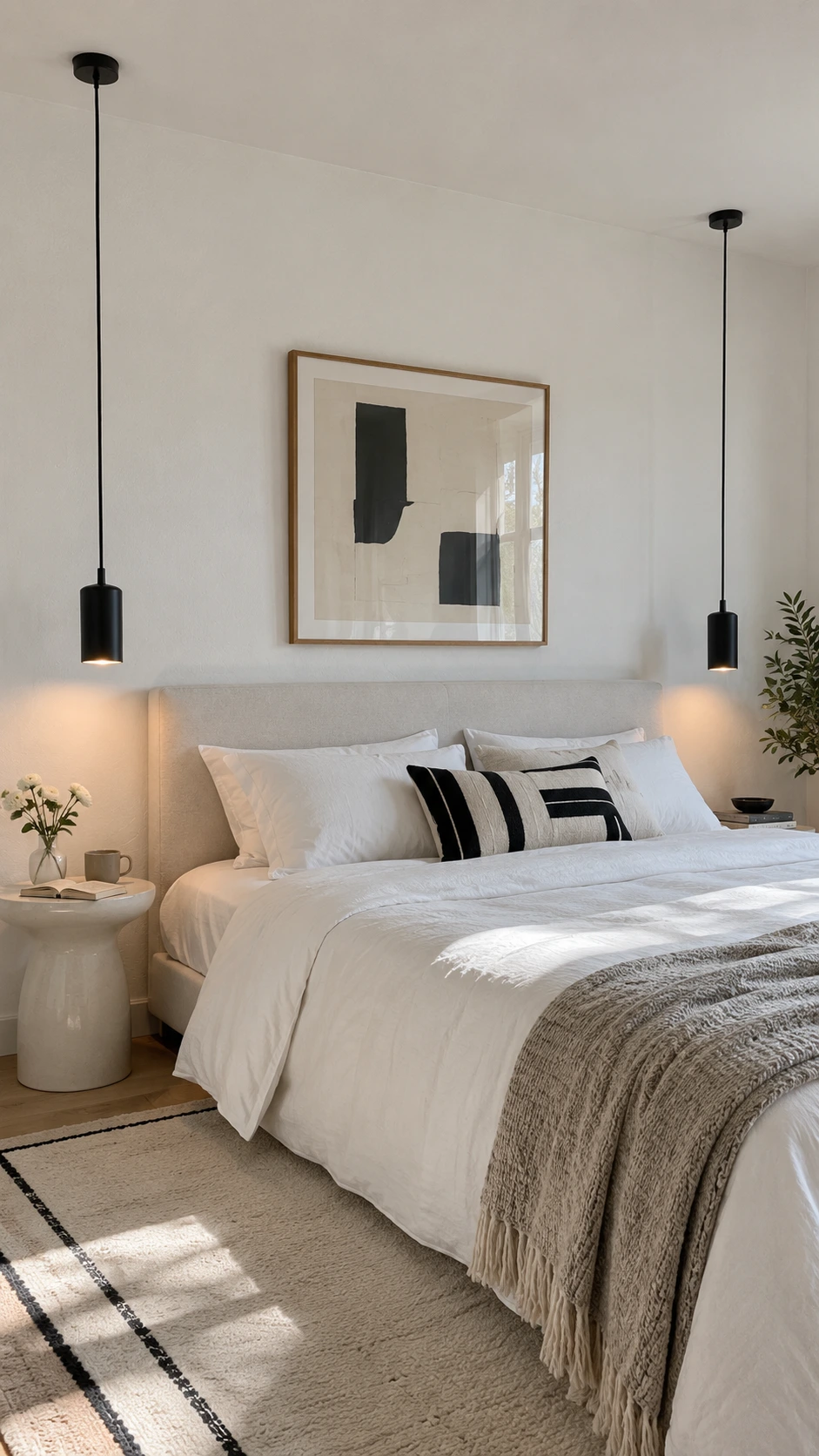 Two matte black cylindrical pendant lights hanging on fabric cords over a neatly made bed, doubling as bedside reading lights in a bright white bedroom