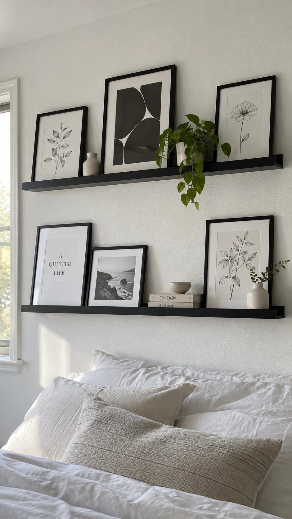 Two matte black picture ledge shelves on a white bedroom wall holding botanical art prints and small ceramic objects, showing how black shelves anchor a minimal white room