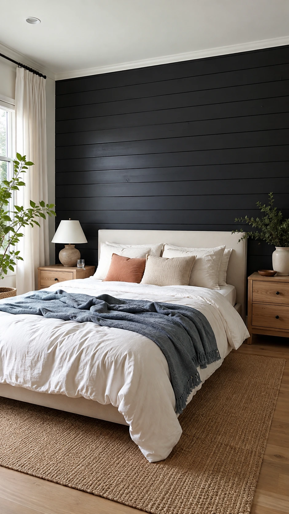 Black Accent Walls example with horizontal shiplap behind a modern bed, showing satin plank seams and real wood texture.