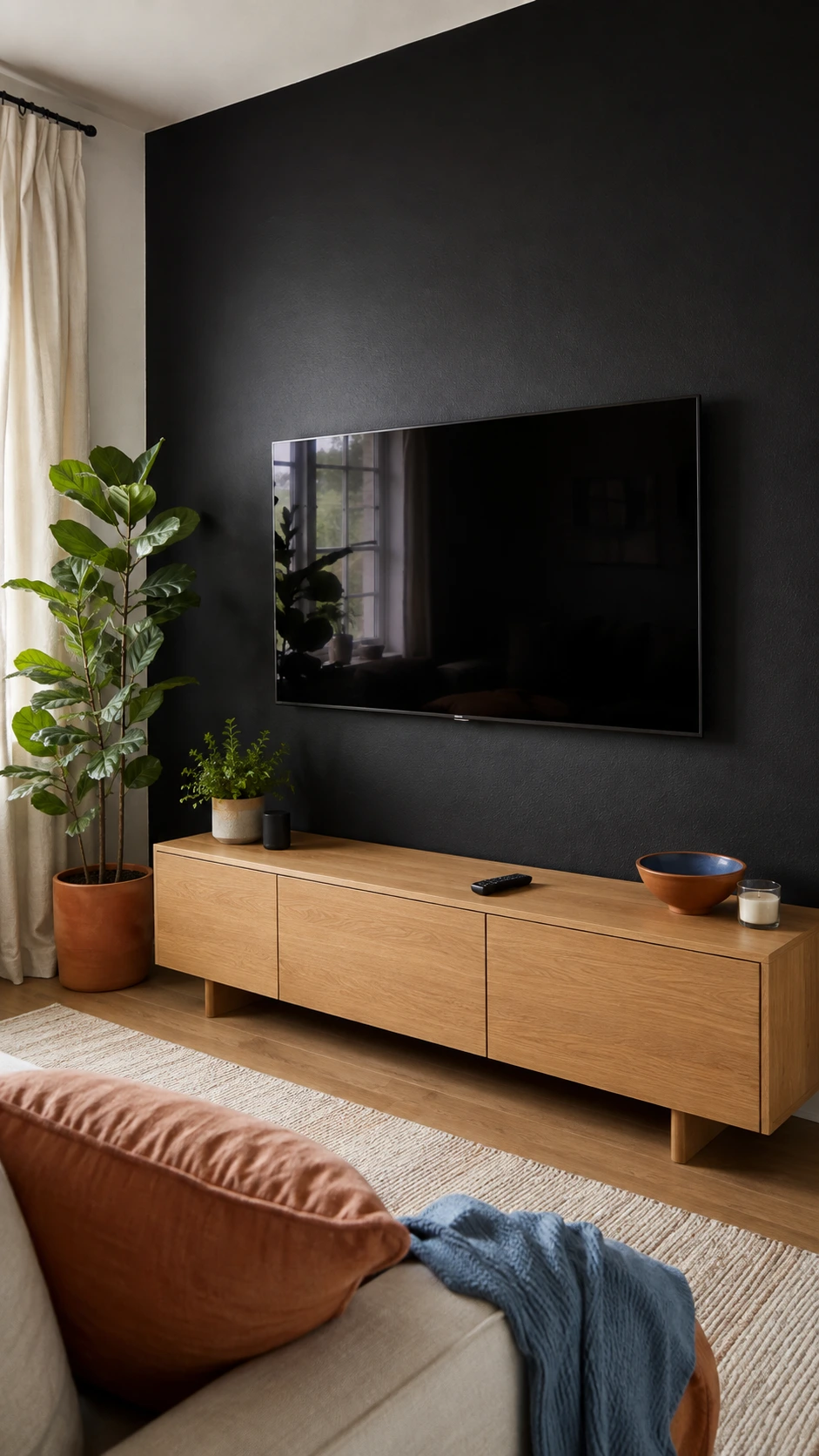 Black Accent Walls idea with a wall-mounted TV blending into smooth black drywall above a low natural oak media console
