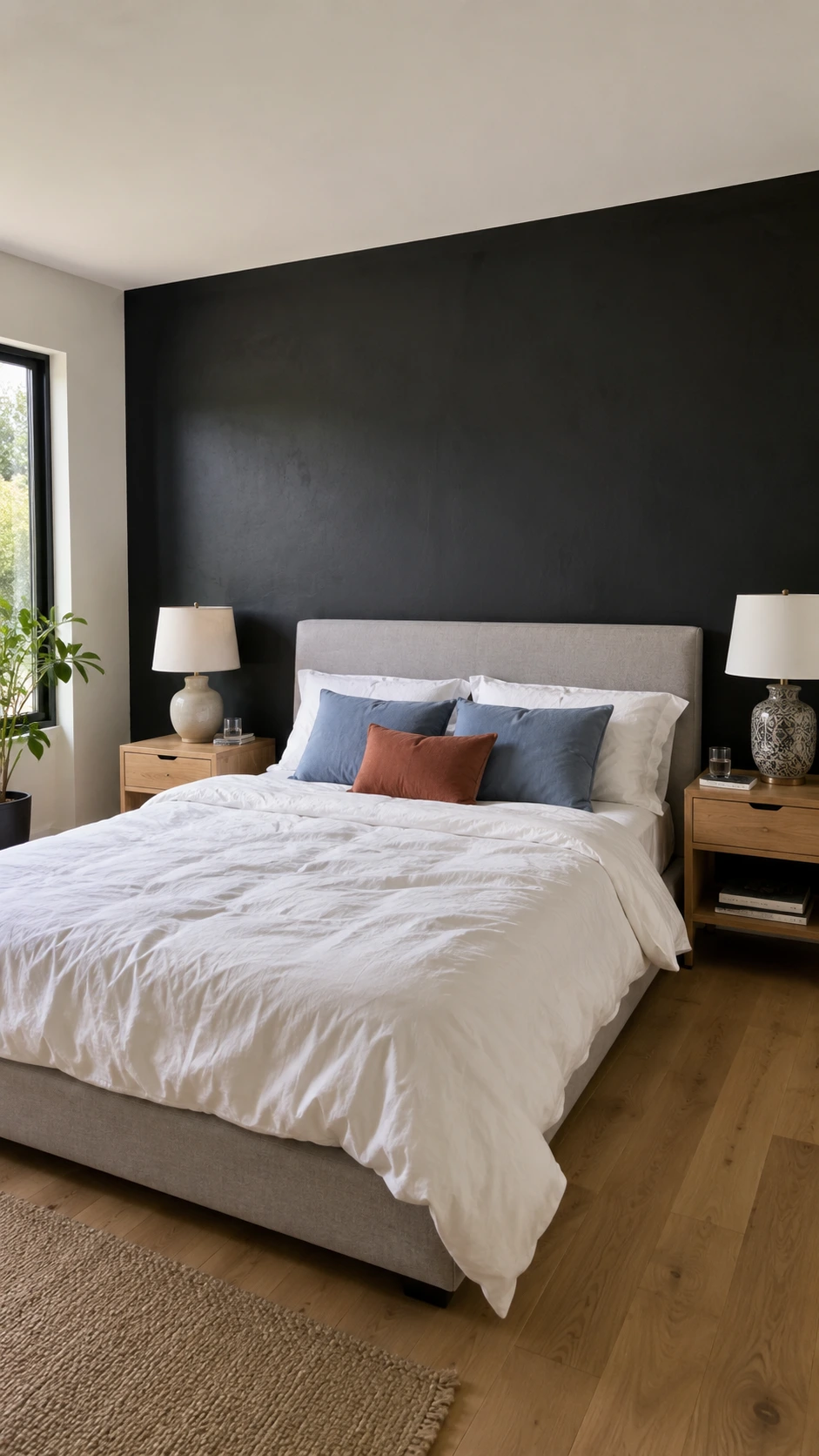 Black Accent Walls idea with a true black painted wall behind the bed, framing the headboard in a bright everyday bedroom.