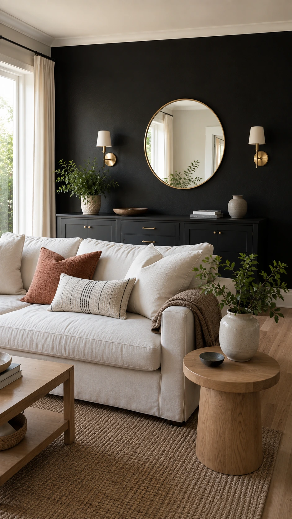 Black Accent Walls idea with brushed-brass sconces, round brass mirror, and low cabinet against deep painted drywall