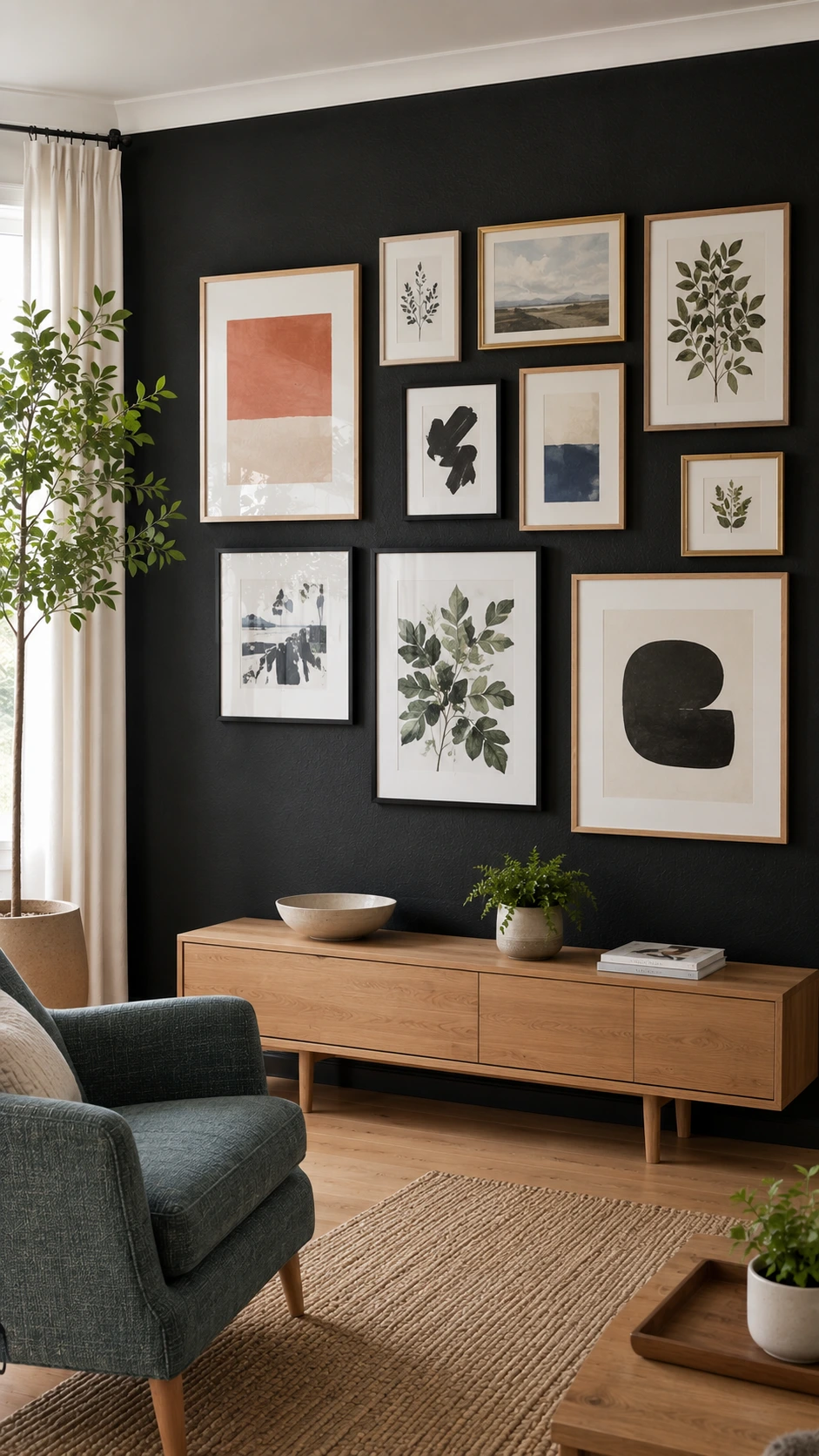 Black Accent Walls idea with a daylit textured black living room wall behind layered mixed-size framed gallery art.