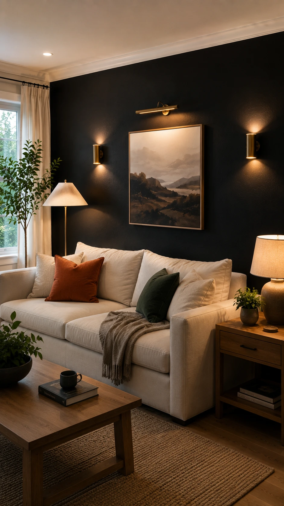 Black Accent Walls gain depth in a contemporary living room with brass sconces, picture light, floor lamp, and table lamp.