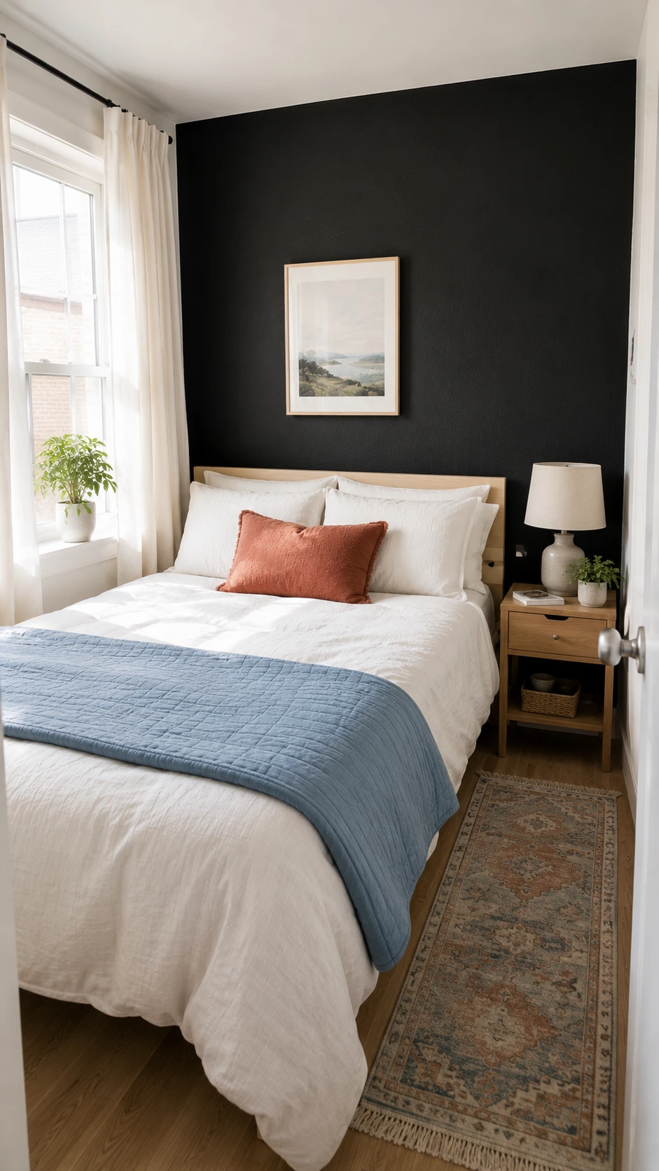 Black Accent Walls in a compact bedroom, with one satin black wall behind a full bed balanced by white side walls