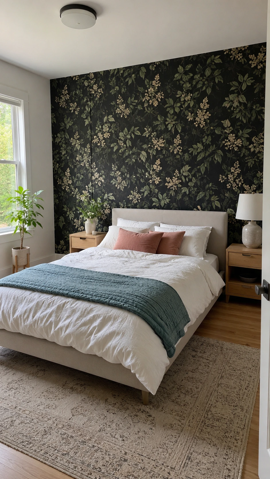 Black Accent Walls idea with botanical black wallpaper behind a simple bed, accented by ivory and sage leaf patterns