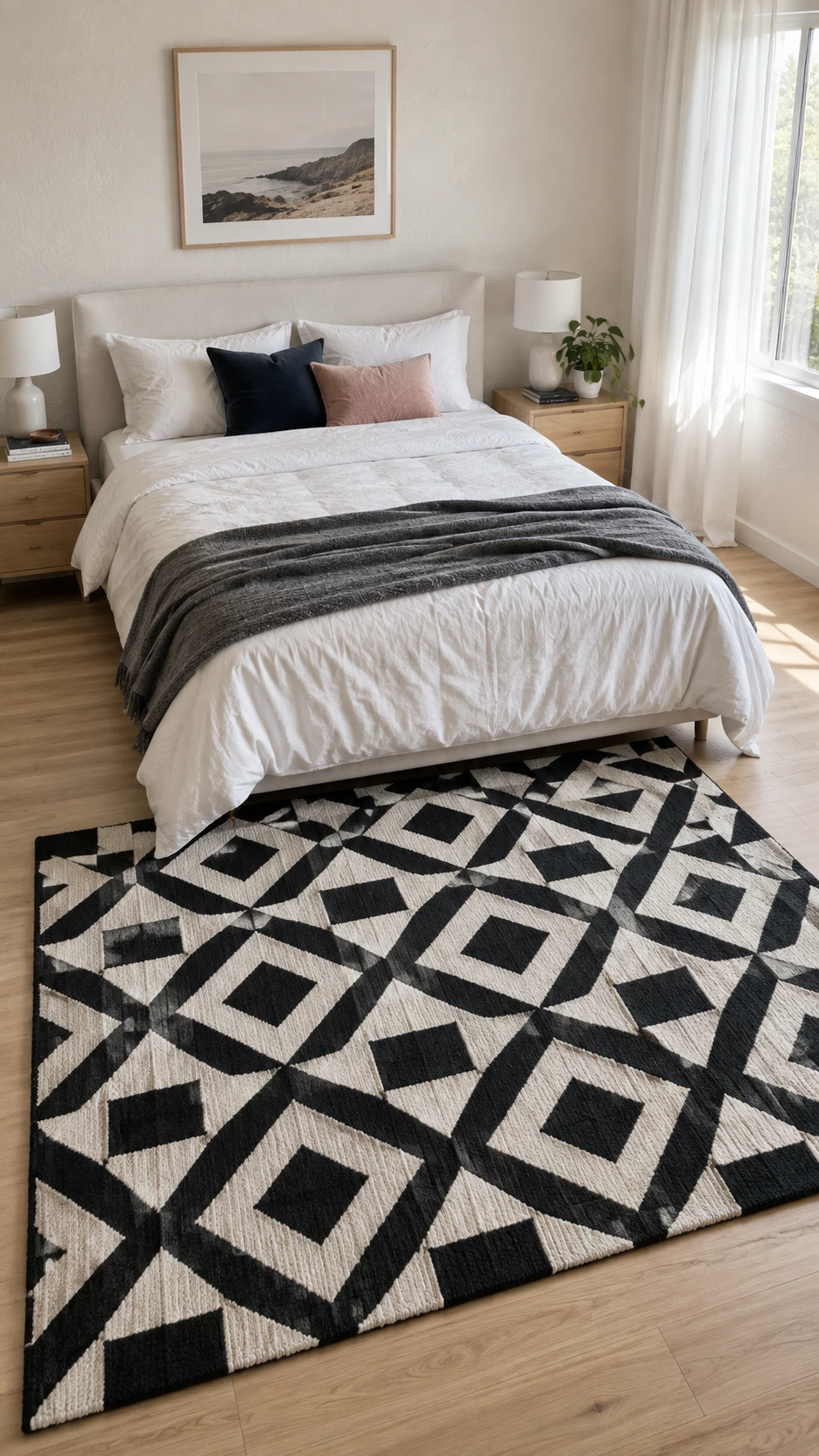 Bold black and white geometric rug with interlocking diamond and triangle pattern anchoring a bright bedroom with light hardwood floors