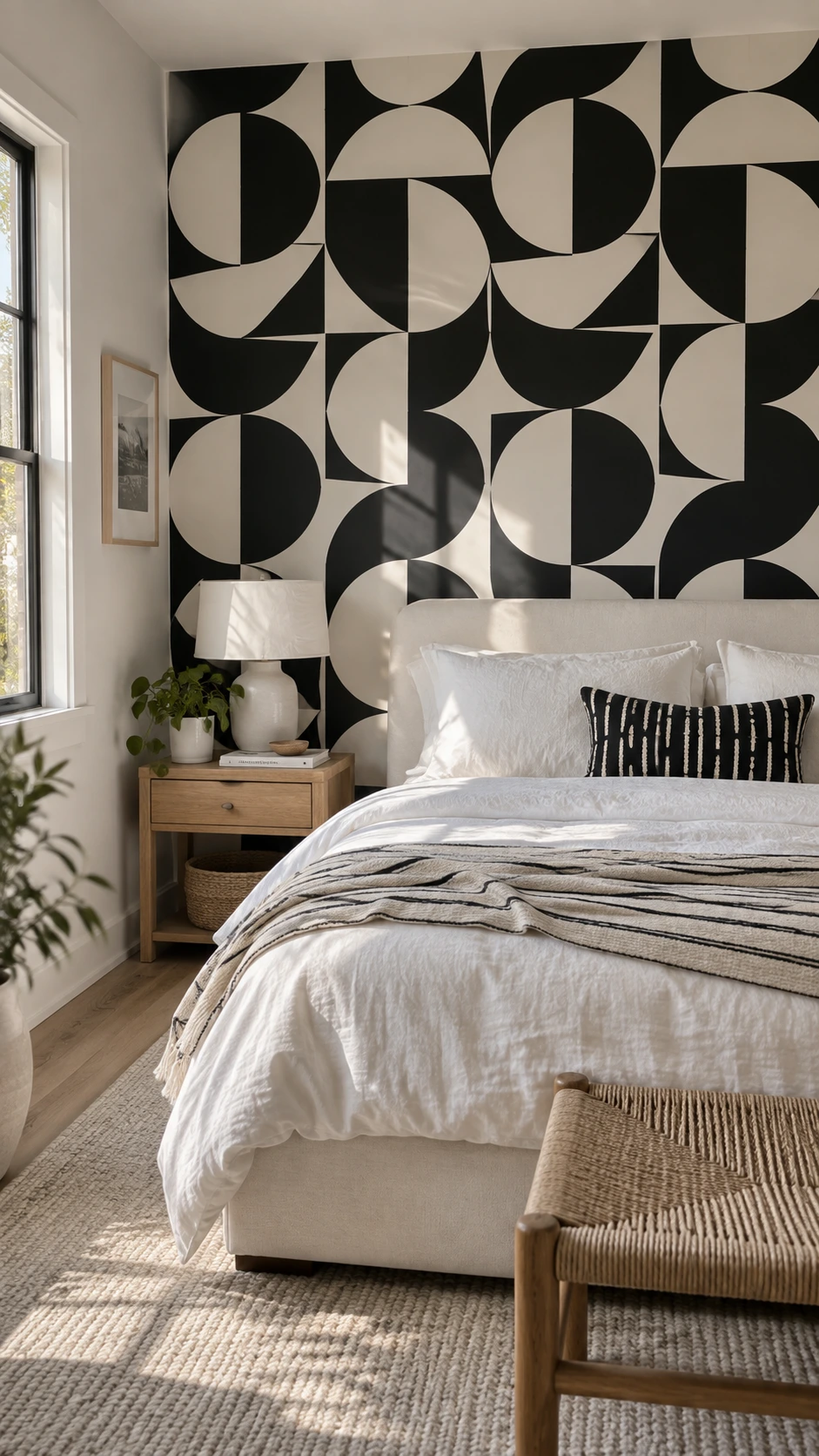 Bedroom with one bold black and white geometric wallpaper accent wall contrasting clean off-white painted walls, creating a striking focal point behind the bed