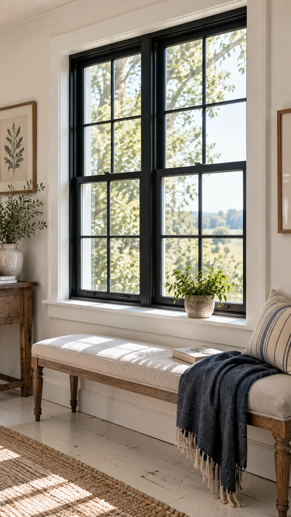 Crisp matte black double-hung window frames contrast sharply against white walls in a bright farmhouse-style room, showing how black window updates transform a space