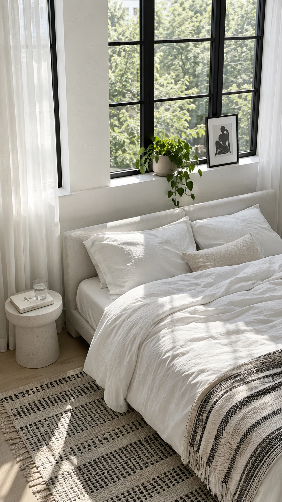 Tall slim matte black-framed windows on warm white textured walls flood this bedroom with natural light, making black window frames the bold contrast feature