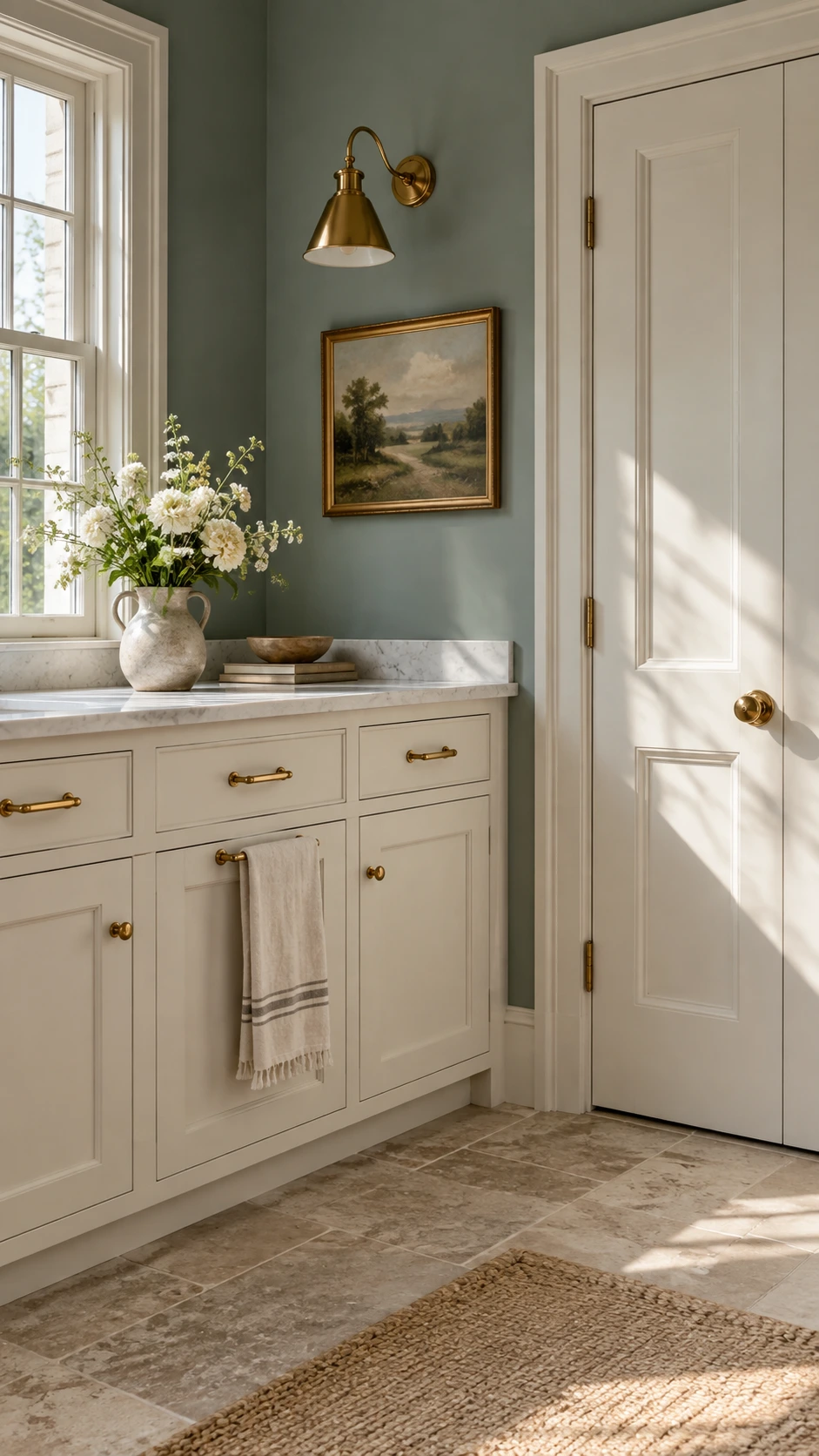 Warm polished brass cabinet pulls and door knob on a soft white painted cabinet in a sunlit entryway, embodying timeless old money home decor