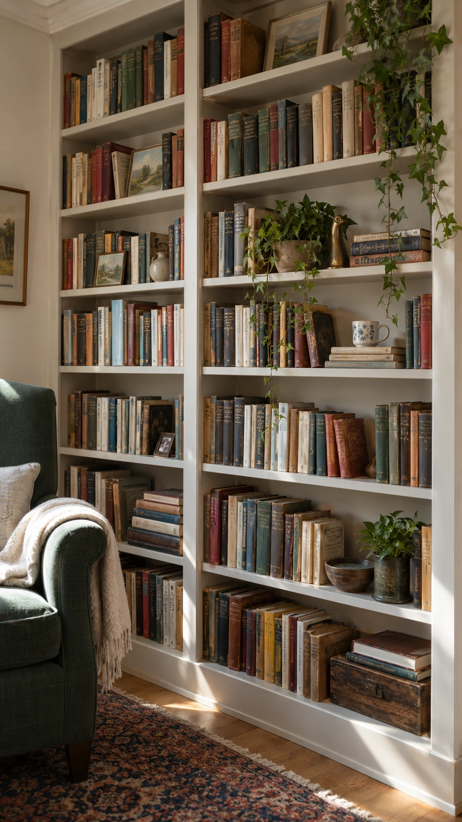 Floor-to-ceiling built-in bookshelves painted soft putty white, packed with real books in a sunlit home library corner — the epitome of old money home decor