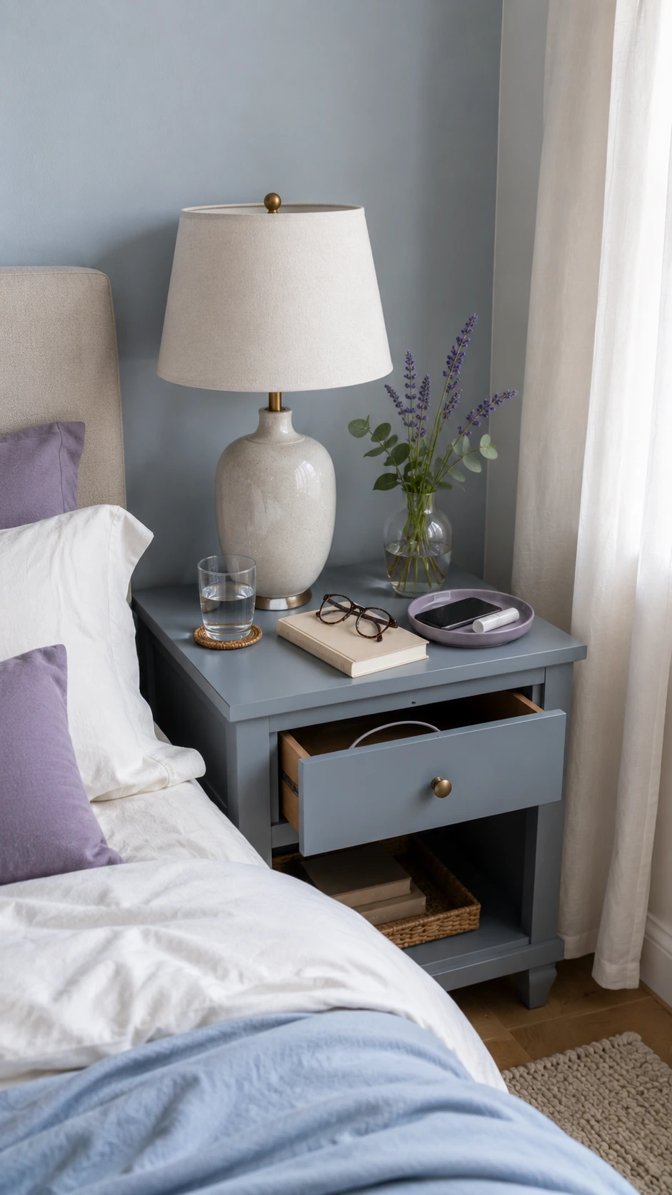 Muted blue-gray nightstand with lamp, water glass, and tucked cord beside a soft bed for Dreamy Bedroom Ideas