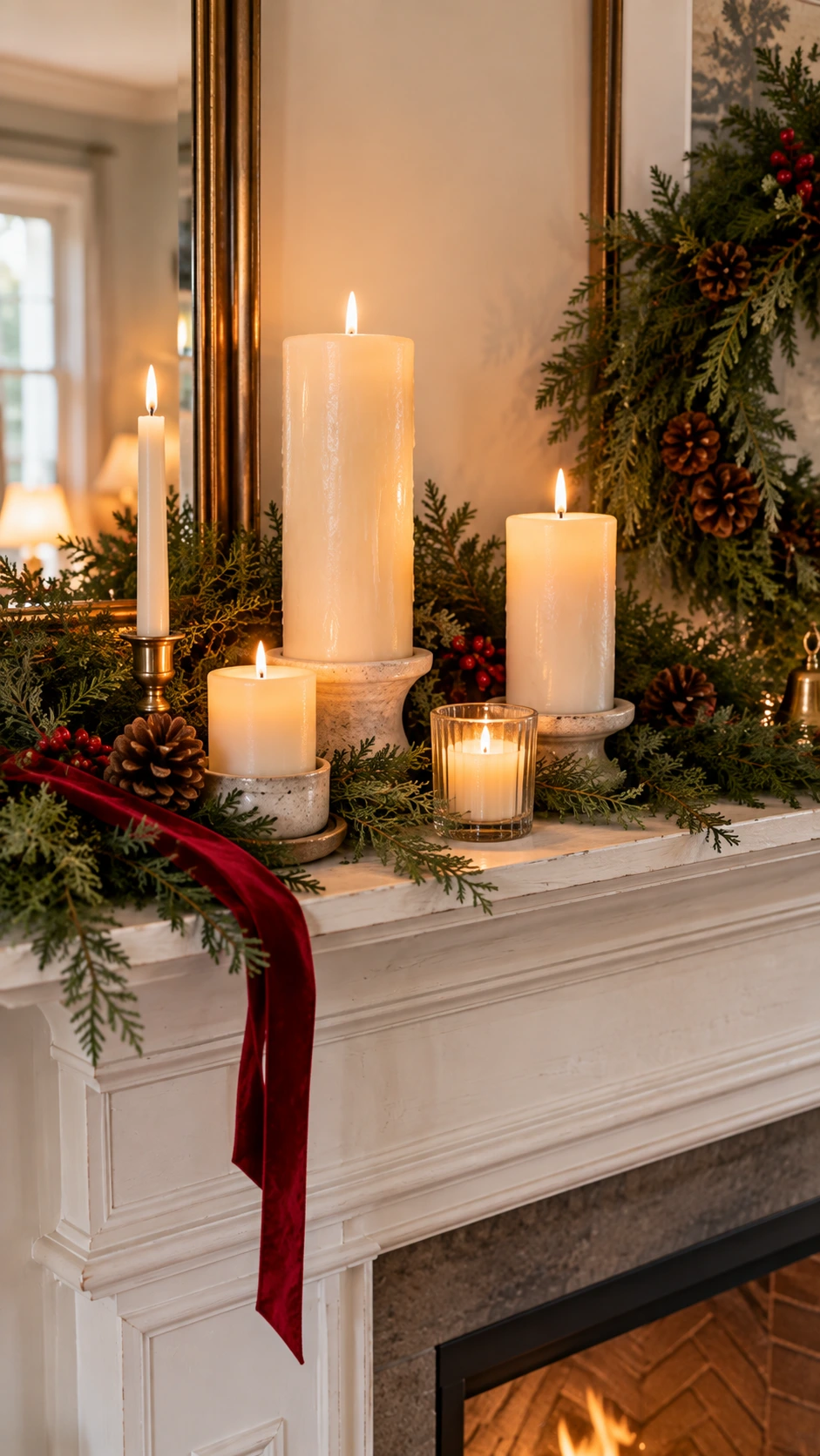 Christmas fireplace mantel with candles arranged at varying heights — tall pillar, medium pillar, and short votives creating a layered holiday display