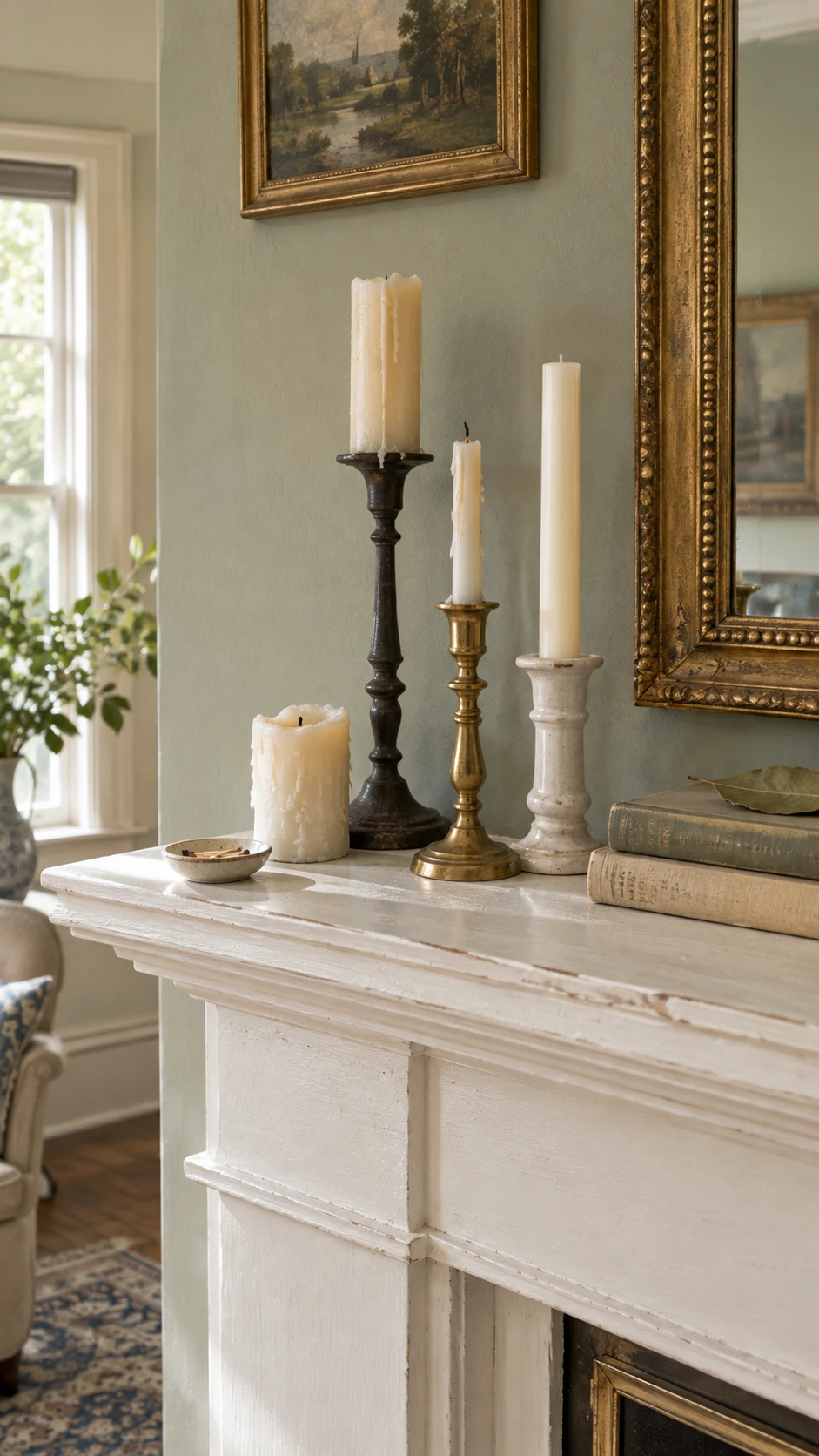 Mismatched antique candlesticks with half-burned tapers arranged casually on a marble fireplace mantel, embodying the effortless old money home decor aesthetic