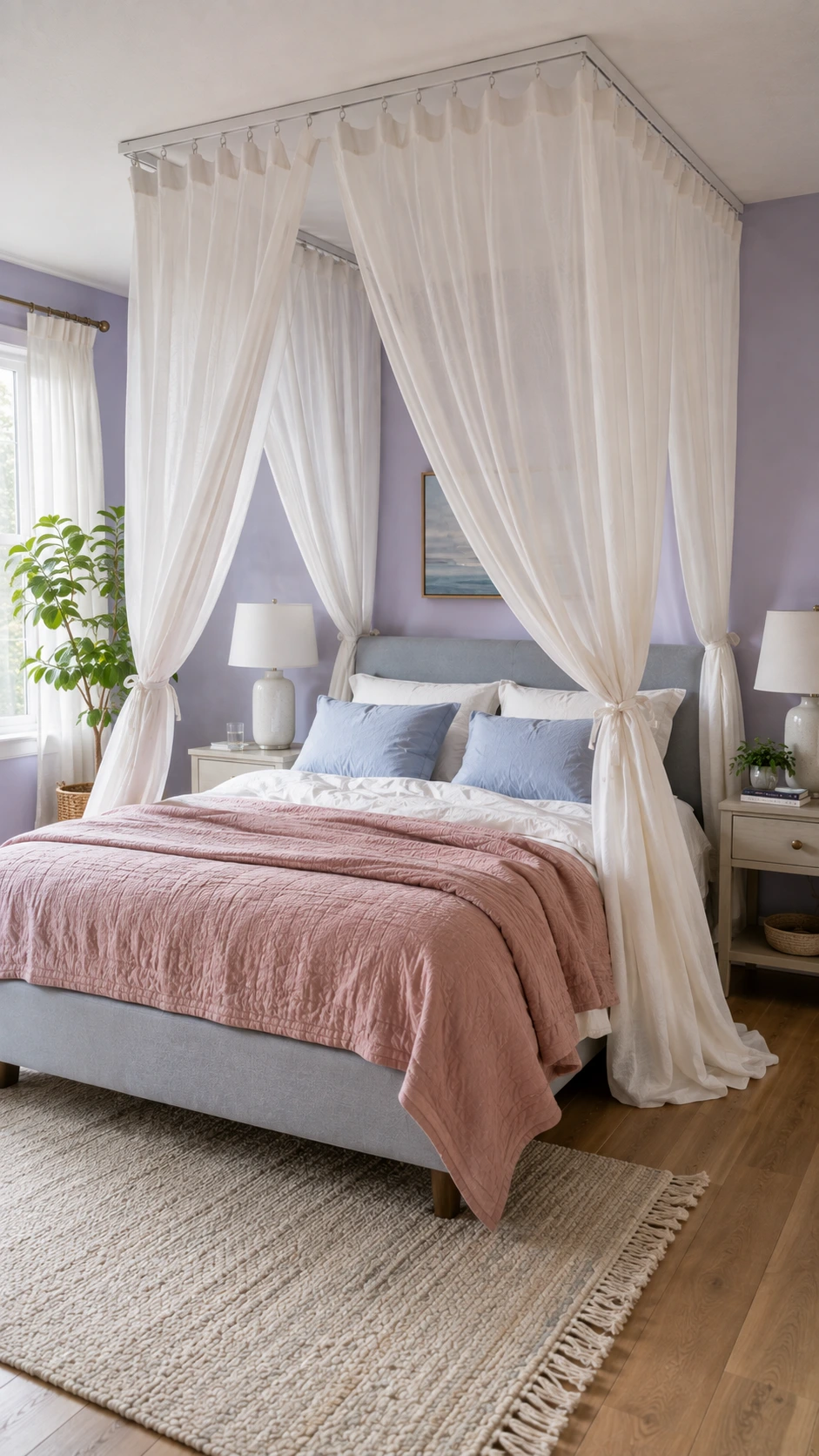 Sheer white canopy panels hang from a ceiling track around a bright bed for Dreamy Bedroom Ideas with airy softness.