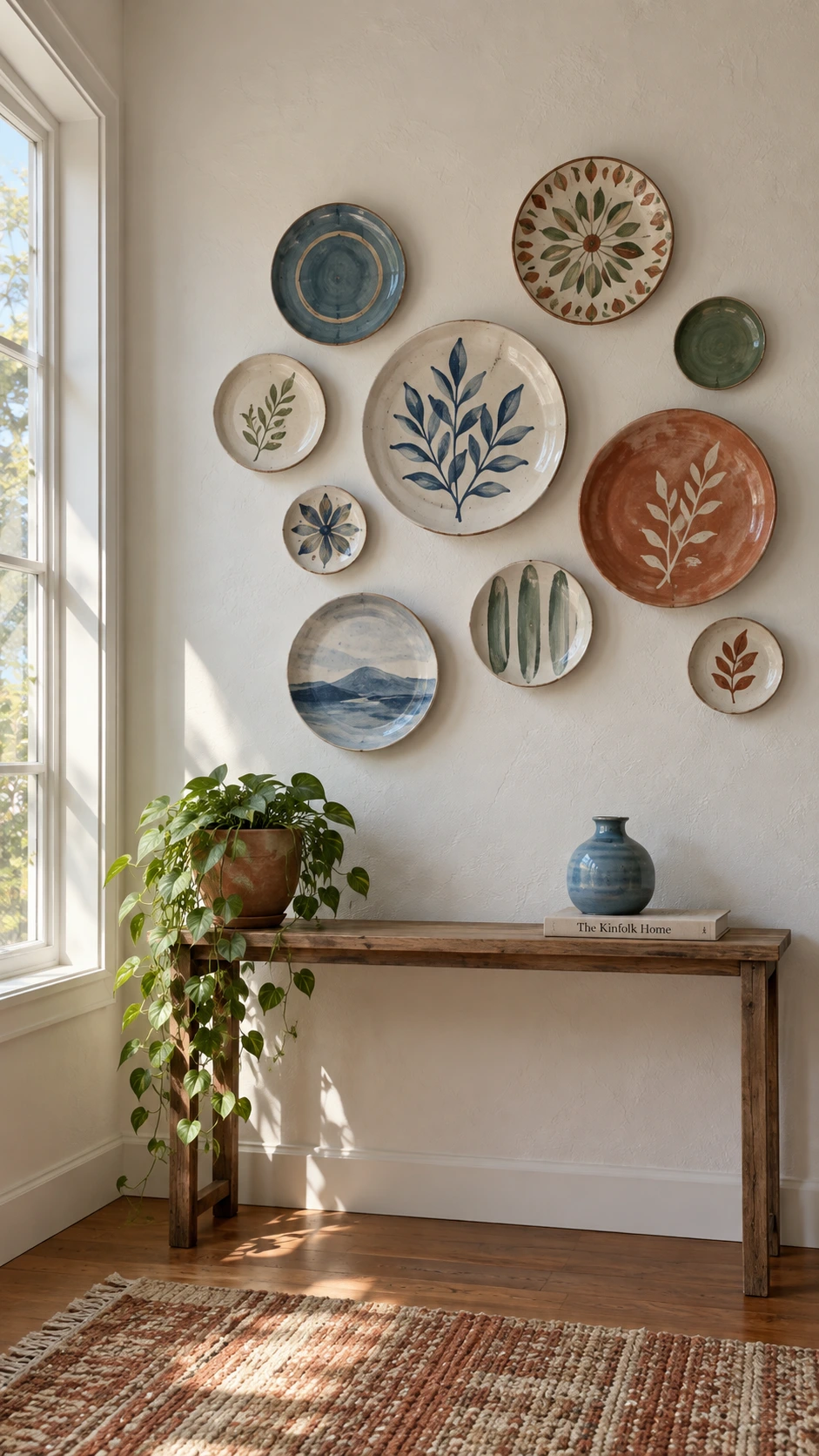 Asymmetrical gallery of hand-painted ceramic wall plates in dusty blue, terracotta, sage green, and cream mounted on a living room wall