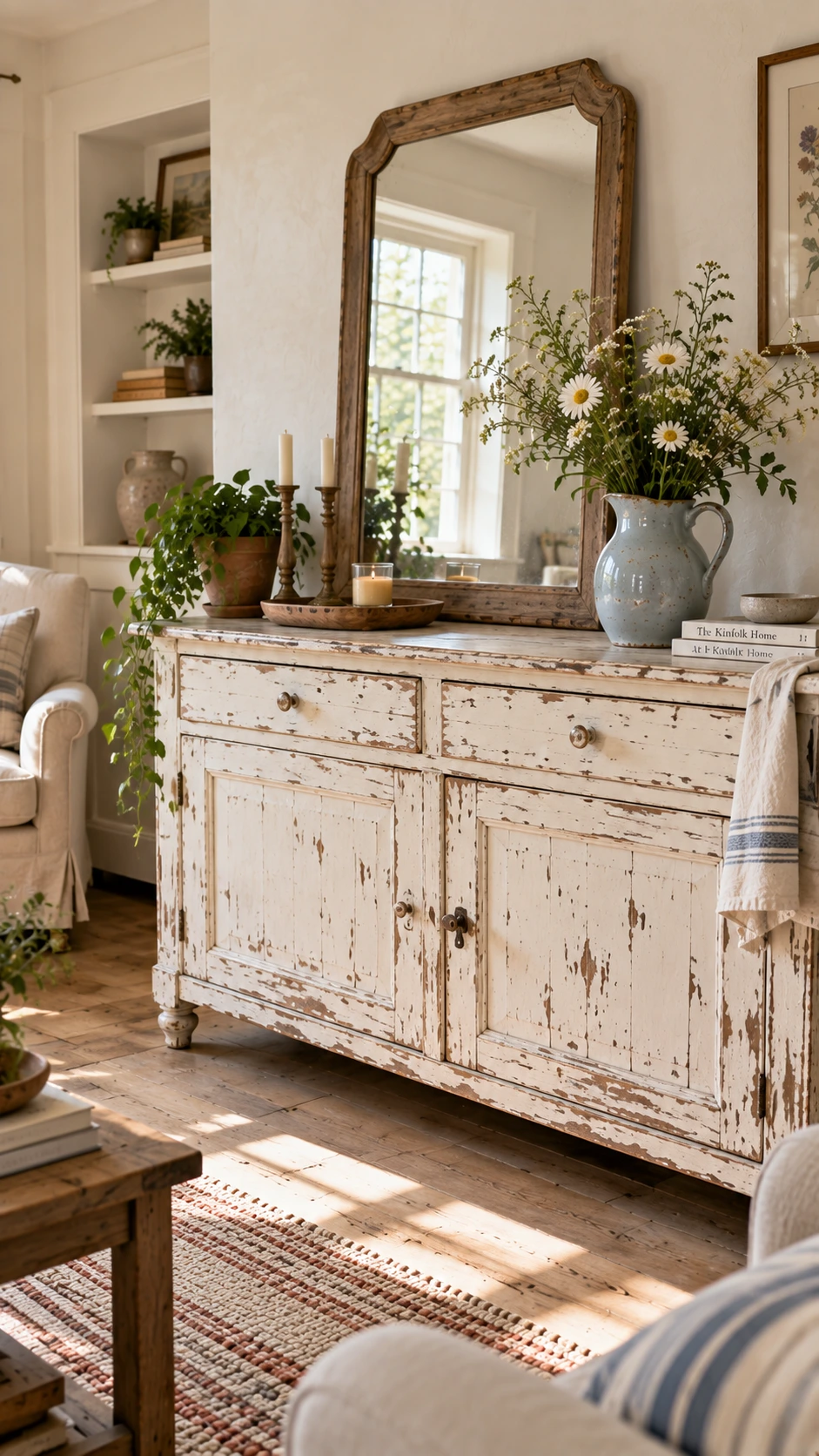 Weathered white sideboard with naturally chippy paint layers revealing gray and bare wood grain, styled in a sun-lit farmhouse living room