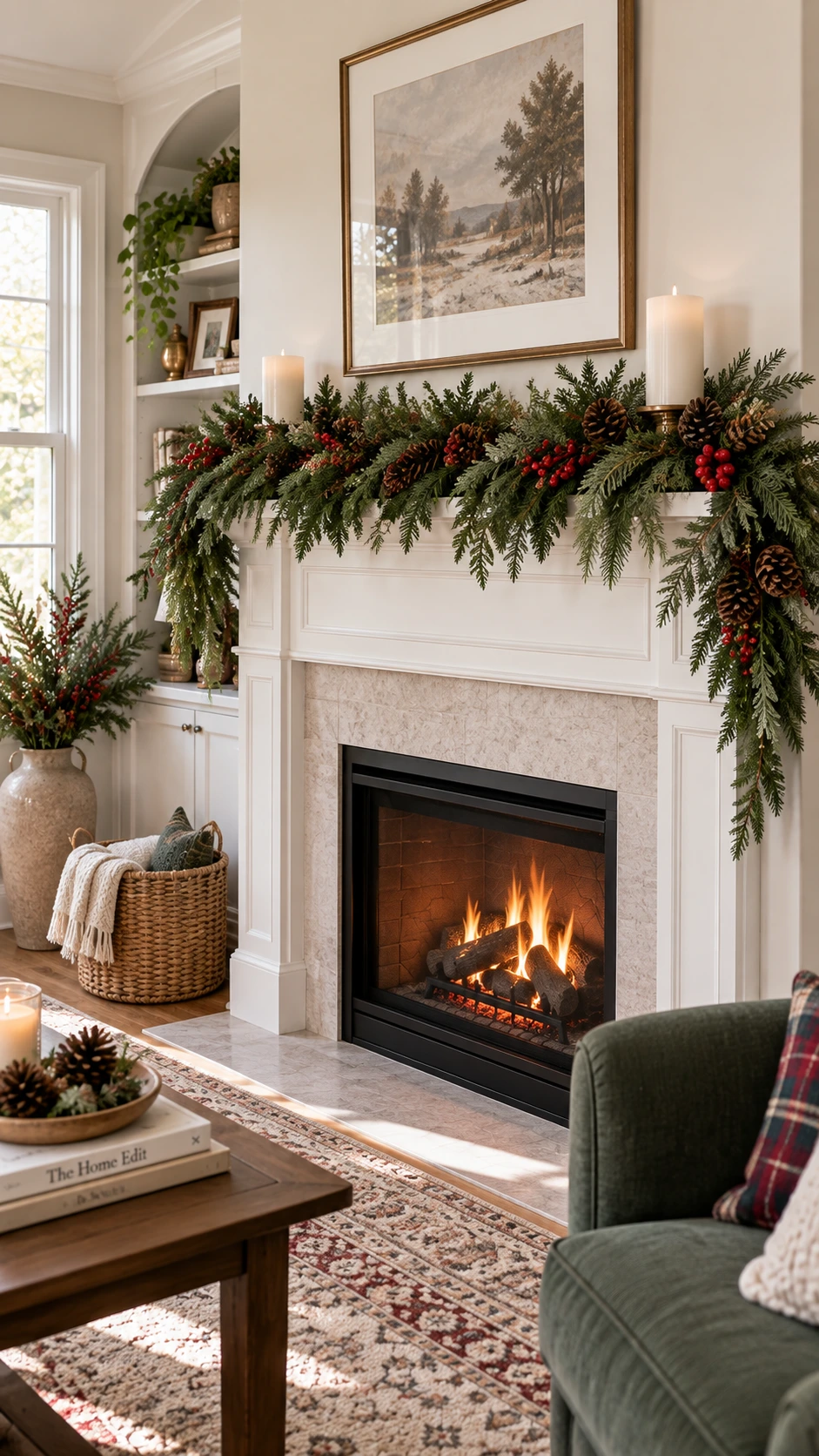 White fireplace mantel decorated with a lush evergreen garland of layered pine, fir, and cedar draped naturally across the full width for classic Christmas fireplace decor