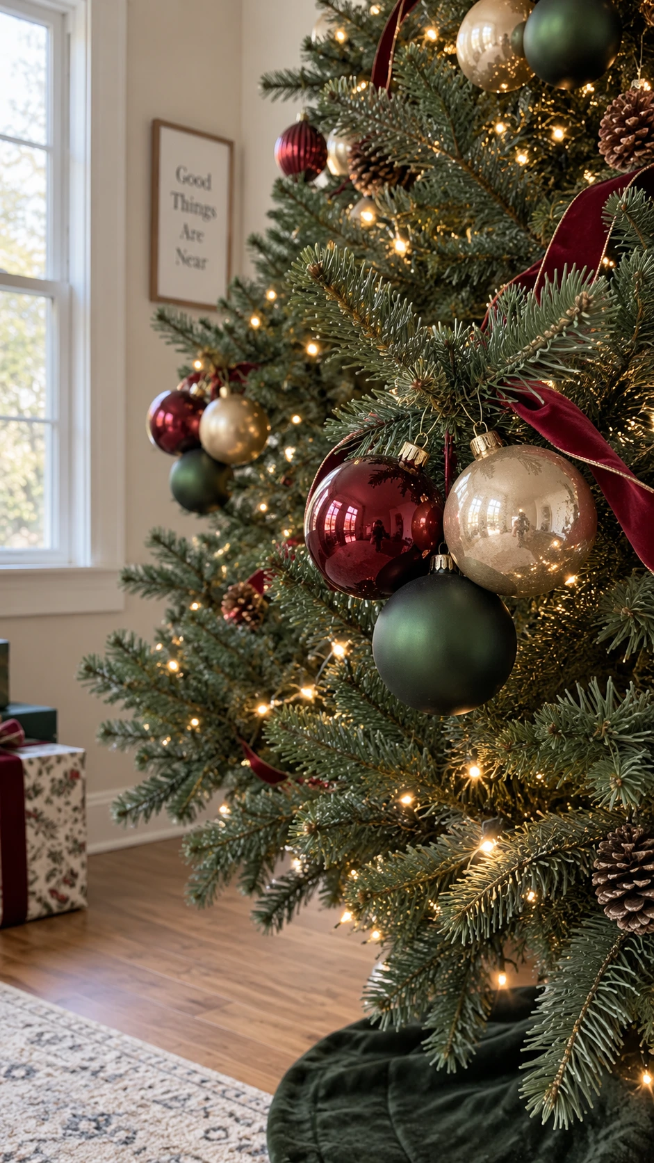 Three cranberry red glass ornaments clustered together on a Christmas tree branch, demonstrating the group-of-three ornament placement technique for fuller tree styling