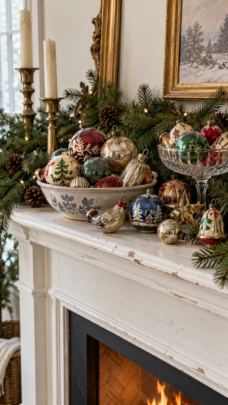 Vintage and mismatched Christmas ornaments arranged on a fireplace mantel, mixing antique mercury glass balls with hand-painted ceramic pieces for an eclectic holiday look