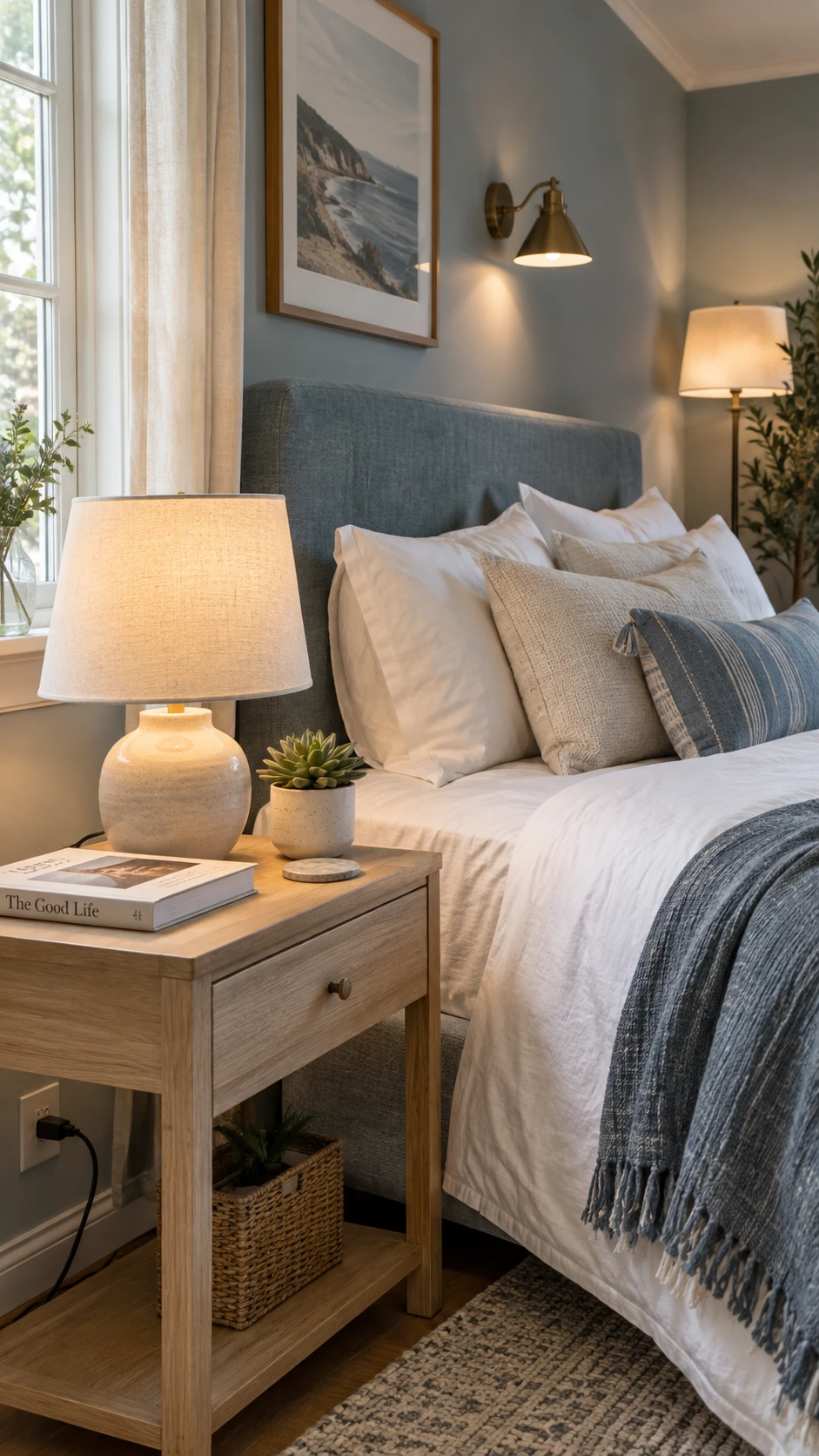 Airbnb bedroom nightstand with a ceramic table lamp casting warm white light that complements natural daylight streaming through a nearby window