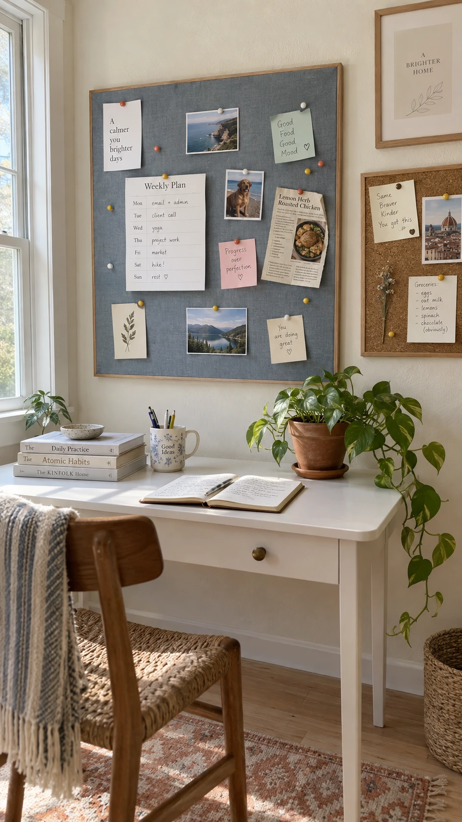 Dusty blue linen fabric pin board mounted on wall in bright home office nook, styled with calendar and handwritten notes as functional hanging decor