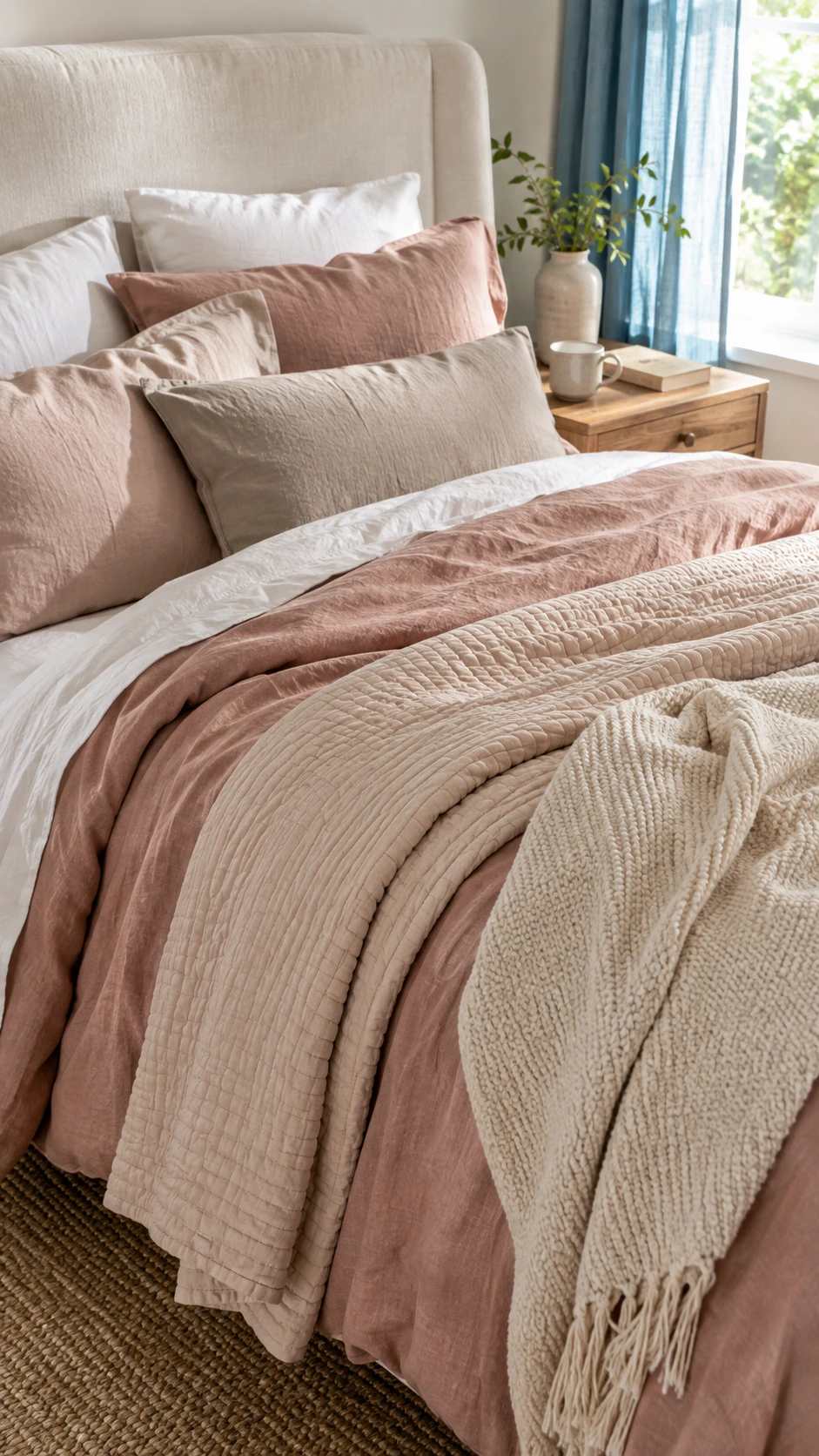 Daylit bedroom bed with white sheets, dusty-rose duvet, clay quilt, cream throw, and pillows showing cozy bedding layers