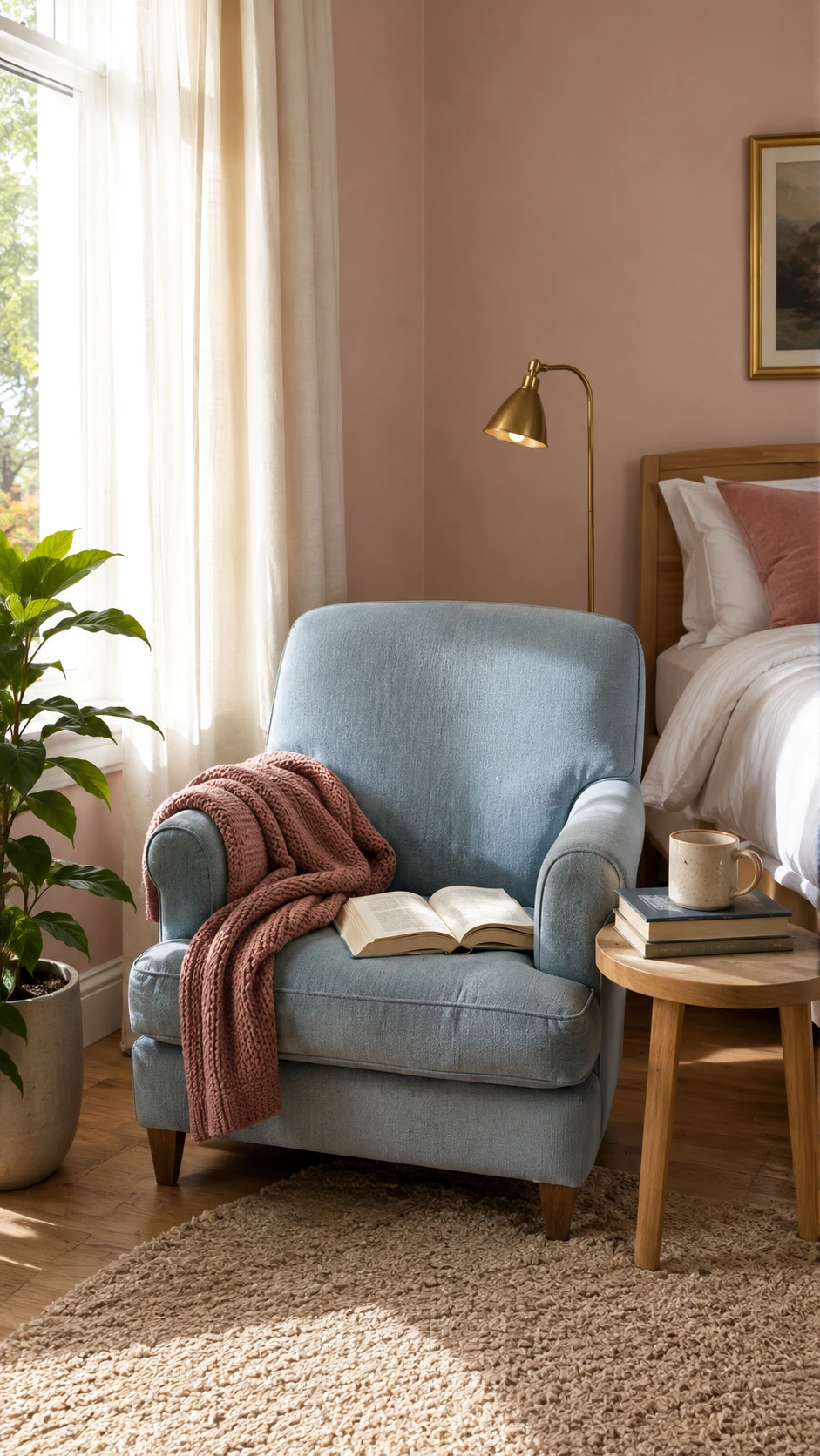 Dusty blue armchair by a bright window with blush walls, clay-rose throw, open book, mug, and stacked books for Dreamy Bedroom Ideas