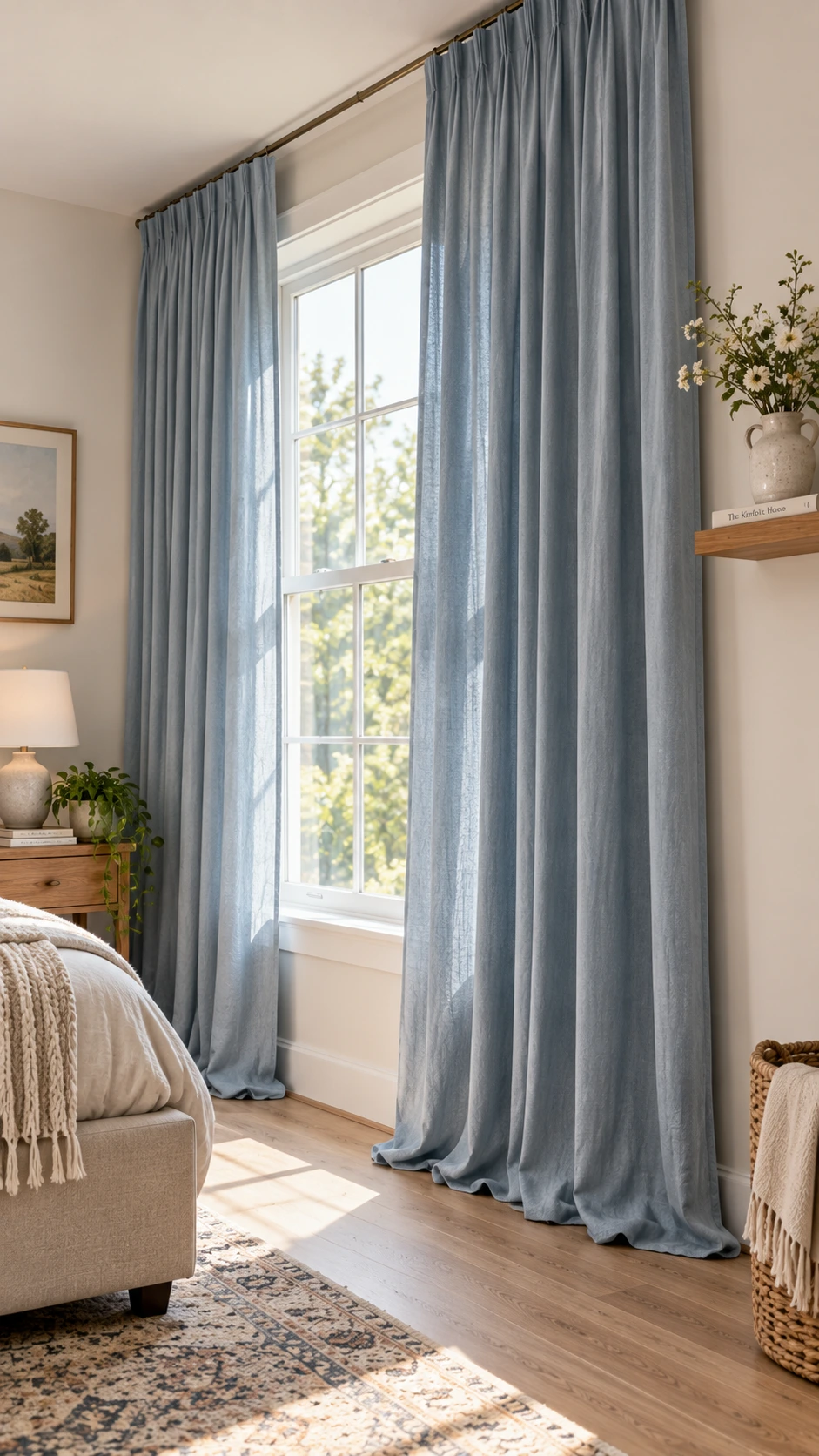 Dusty blue linen curtains hung from a ceiling-mounted rod, stretching floor to ceiling in a sunlit room—showing how proper curtain length transforms Airbnb decor instantly