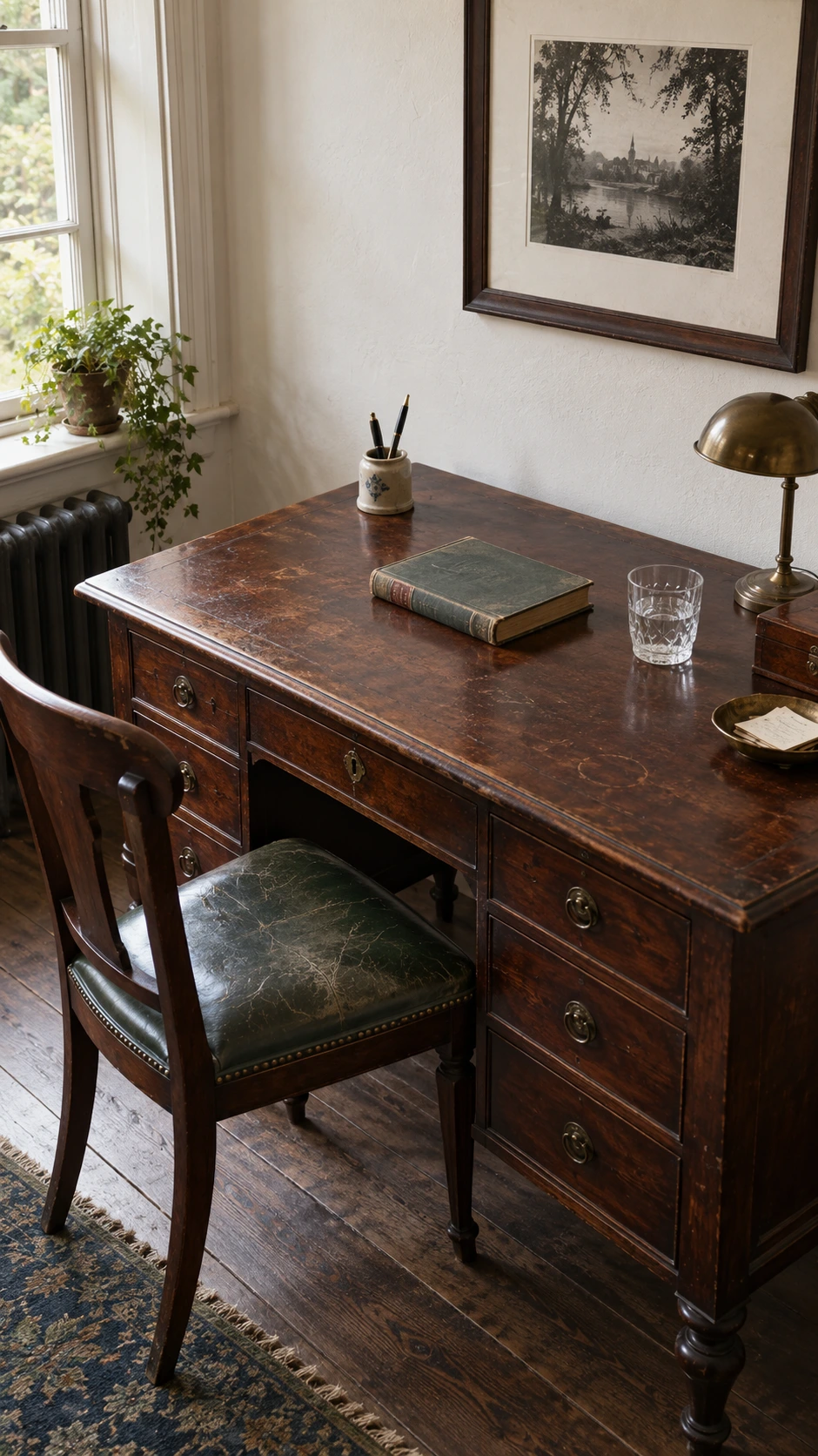 Aged mahogany writing desk with natural patina, ring marks, and worn edges in a sunlit sitting room corner — the essence of old money home decor