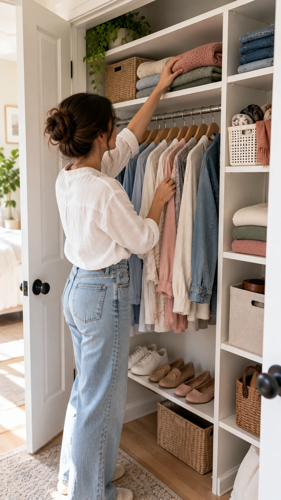 Person straightening hanging shirts and refolding a sweater during a weekly bedroom closet organization reset in a bright, white-shelved closet