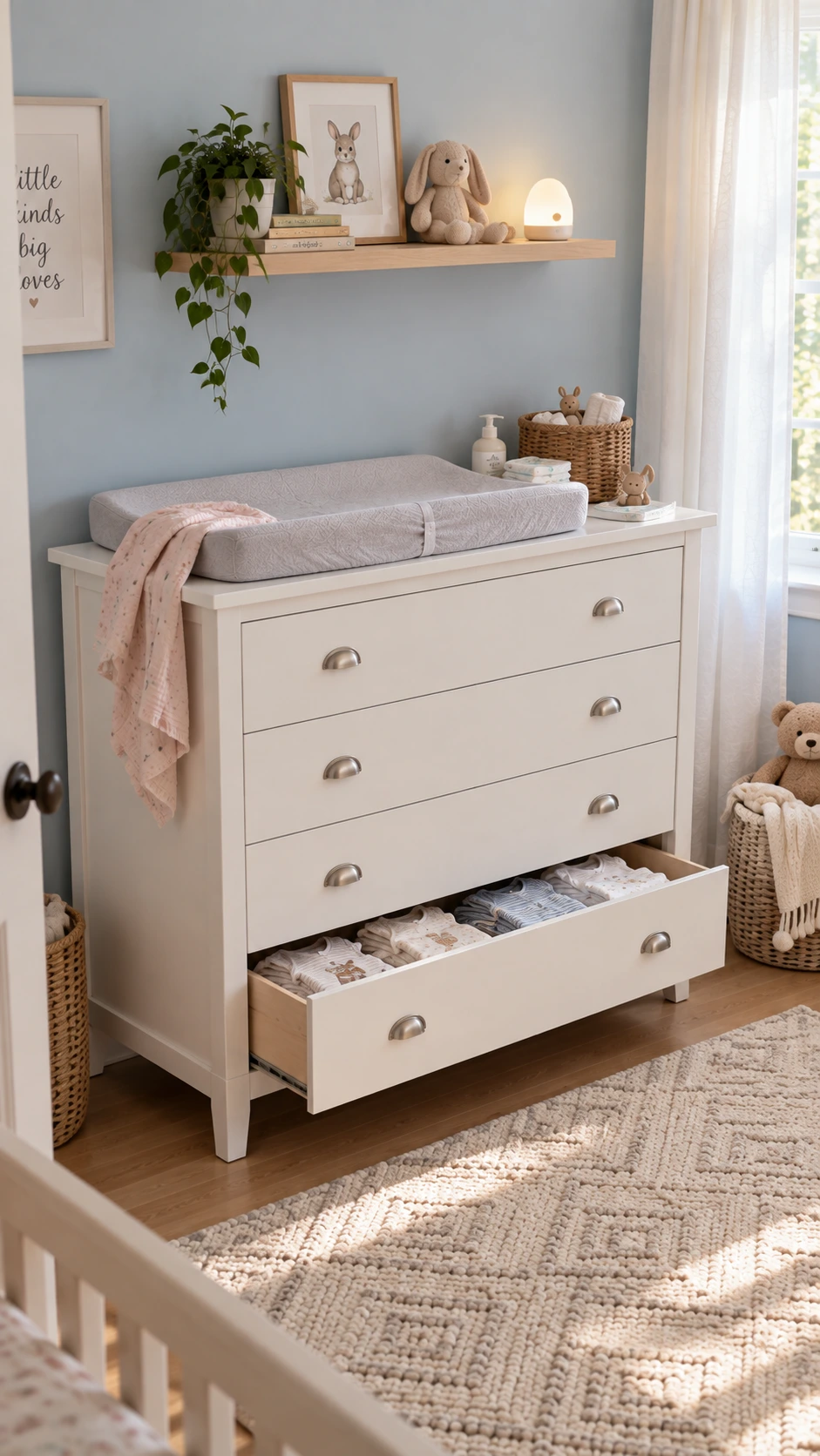 White painted wooden dresser with padded gray changing topper against a dusty blue nursery wall, showing how one piece serves as both storage and changing station