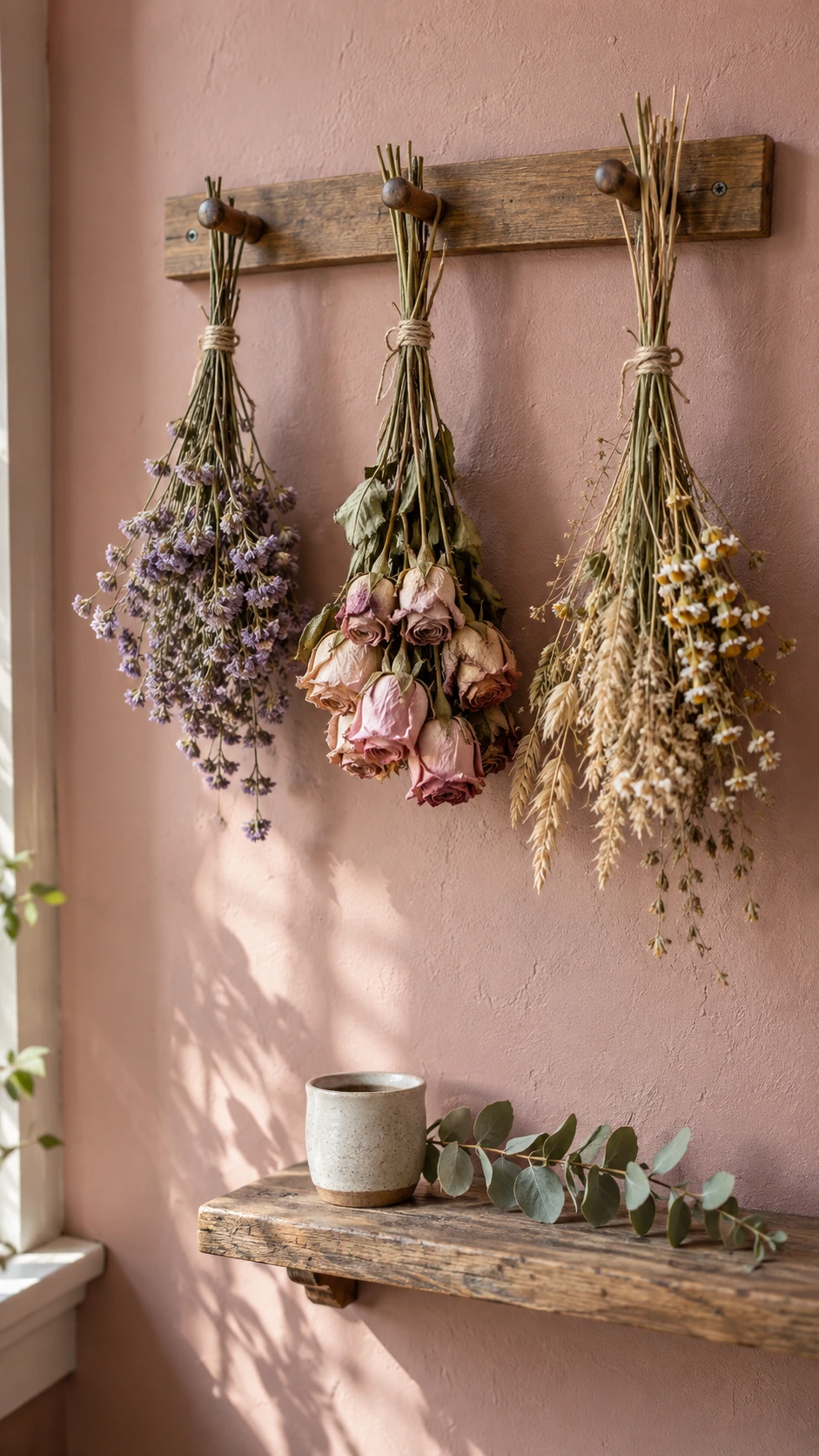 Wooden wall hook rail on dusty rose wall holding three dried flower bundles — dried statice, faded blush roses, and wheat grass with chamomile — as hanging decor