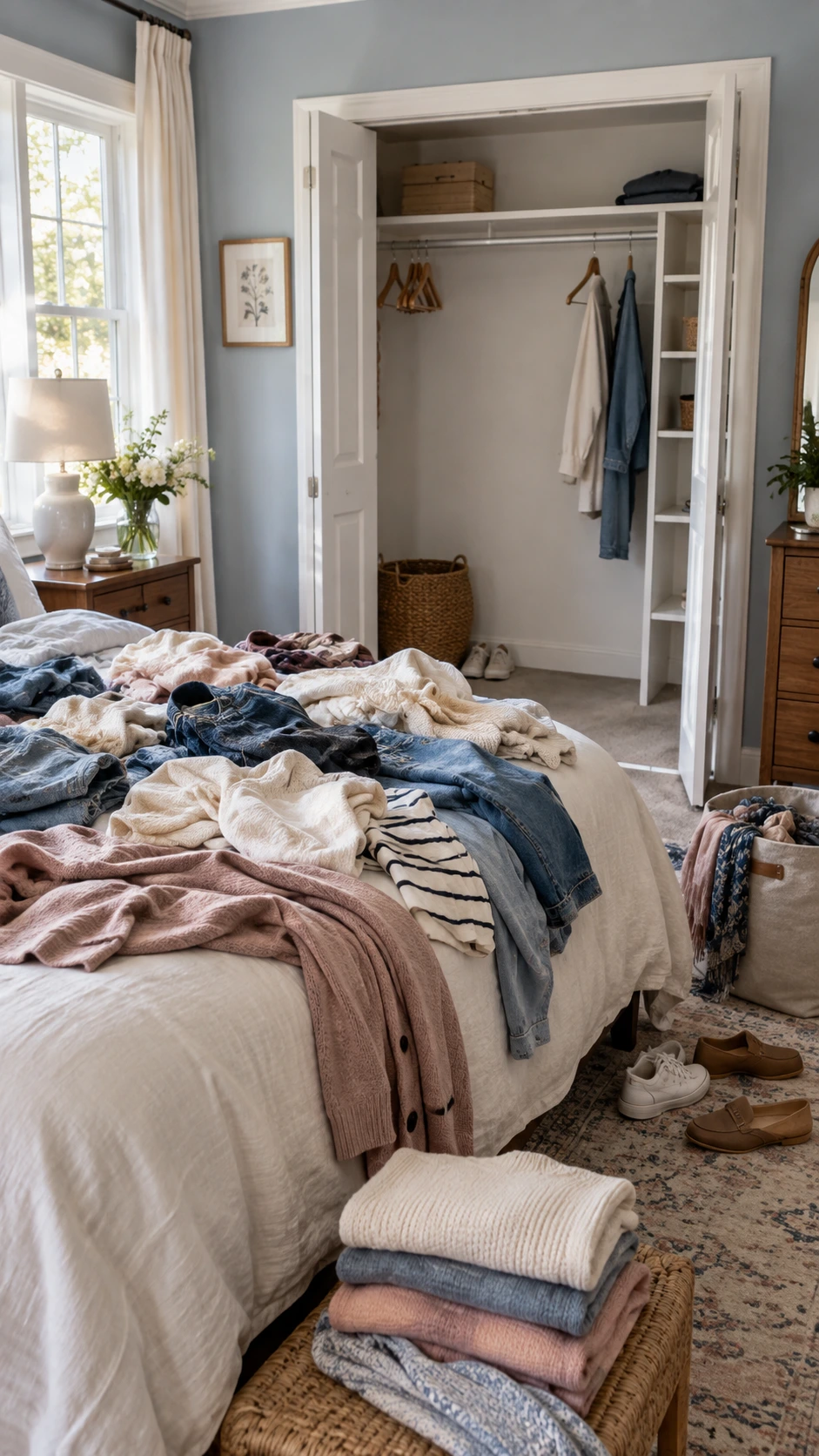 Open bedroom closet nearly emptied with clothes and items piled on the bed and floor, showing the essential first step in a full closet organization reset