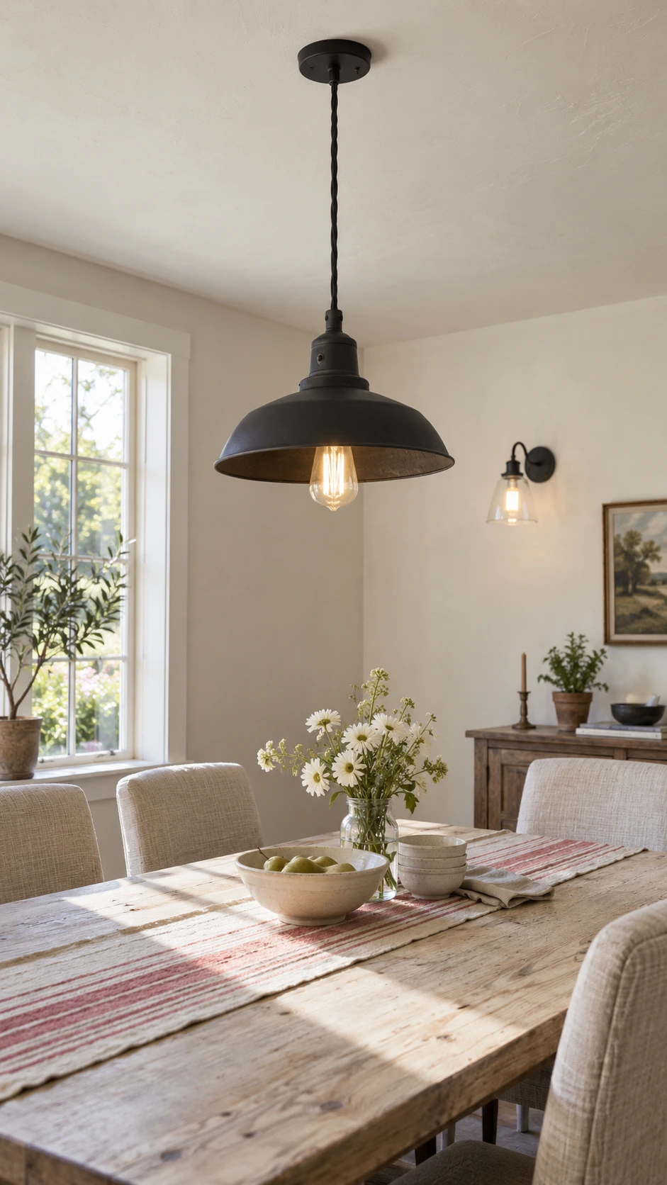 Matte black iron pendant light with Edison bulb hanging over a wooden farmhouse dining table in bright natural daylight