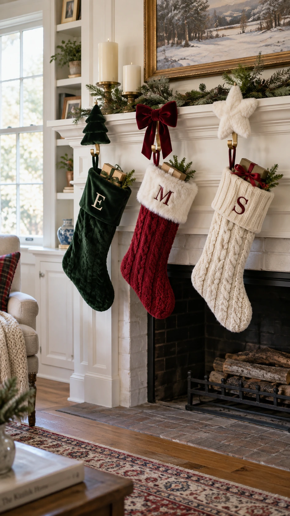 Three Christmas stockings hang from a mantel using burgundy velvet and cream faux fur stocking holders in forest green, red, and ivory for a cozy holiday look