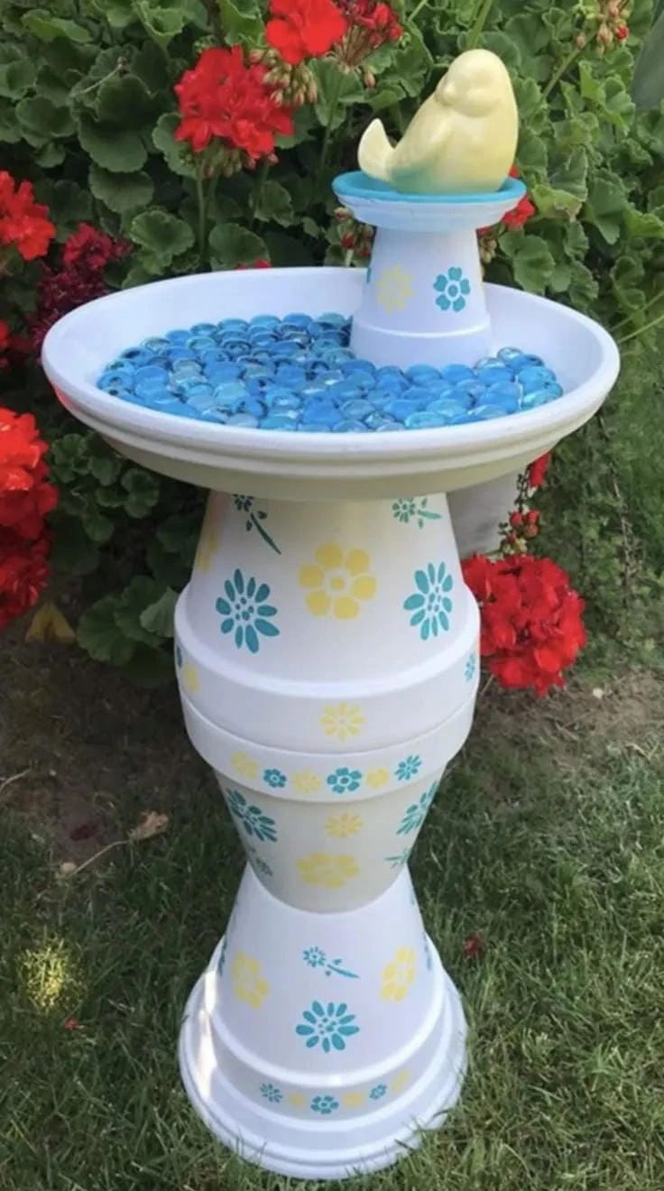 3- Fill a White Bird Bath with Blue Glass Stones