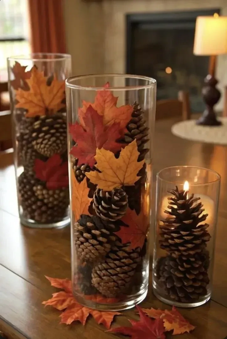 2- Fill Clear Vases with Pinecones
