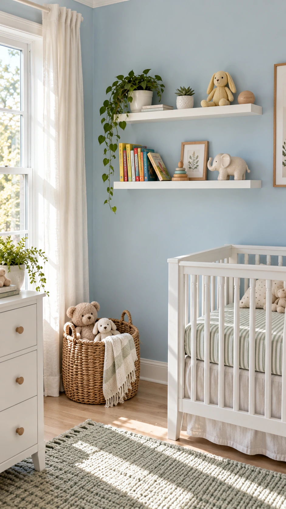 Two white floating shelves mounted at staggered heights on a pale sky blue nursery wall, holding board books and small decorative objects in natural daylight