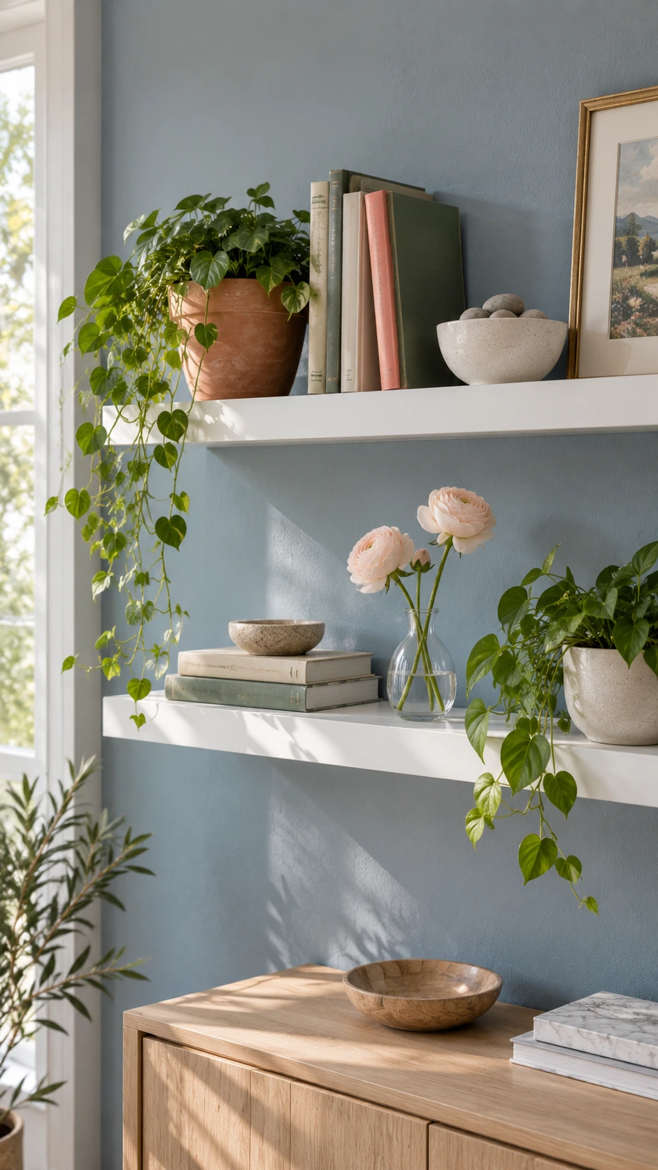 White floating shelves on a dusty blue wall styled with a terracotta pot, trailing green plant, and everyday objects in natural window light