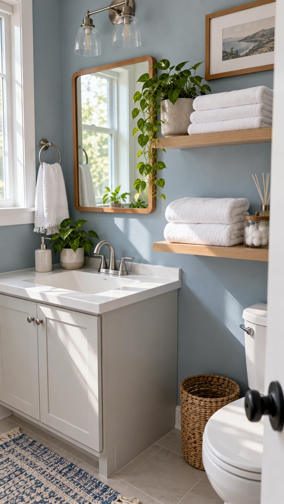 Three neatly folded white cotton towels stacked on a floating shelf against a dusty blue wall in a clean Airbnb bathroom