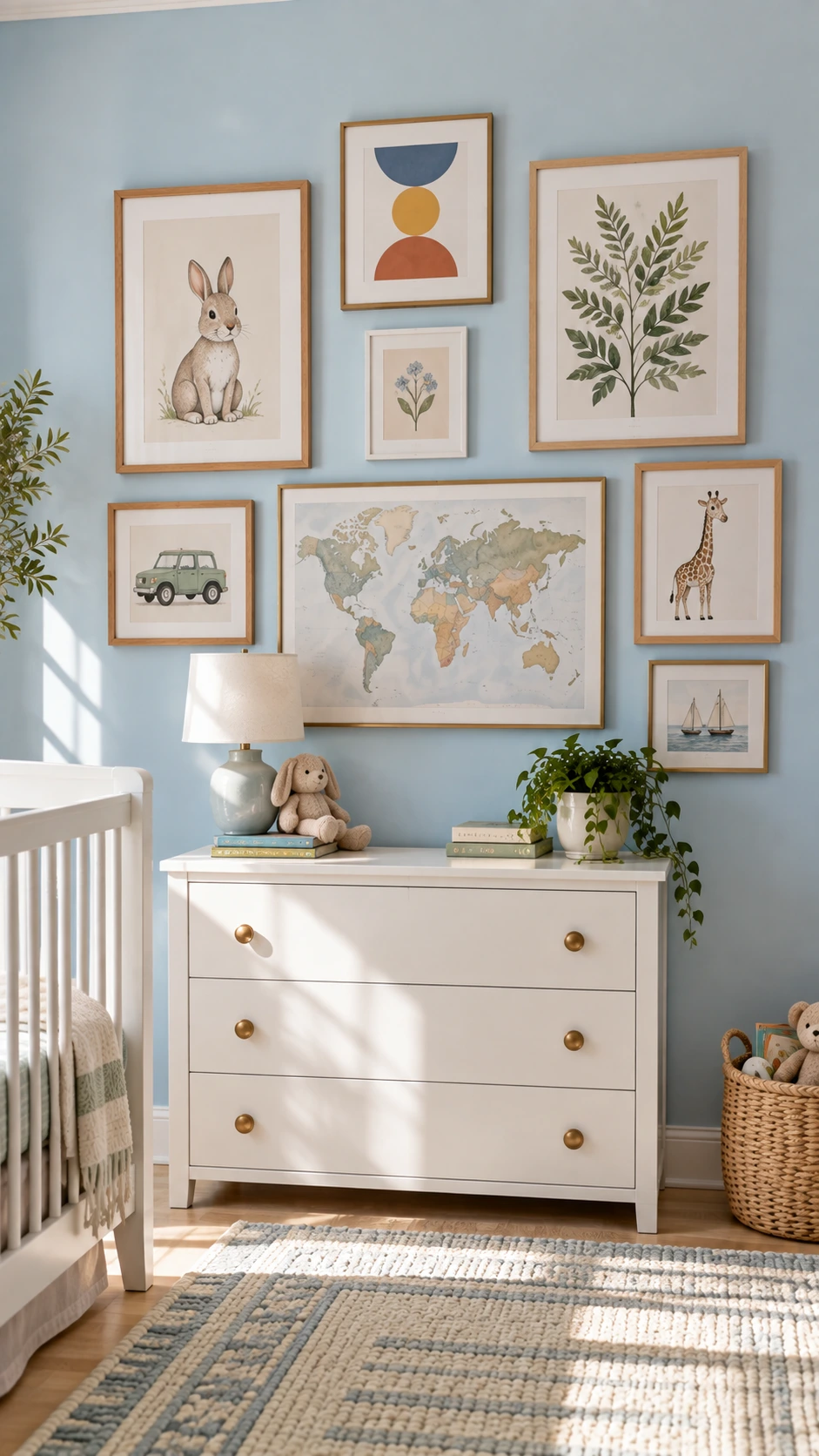 Gallery wall in a bright nursery featuring framed line-drawn animal art arranged to grow with the child through every stage