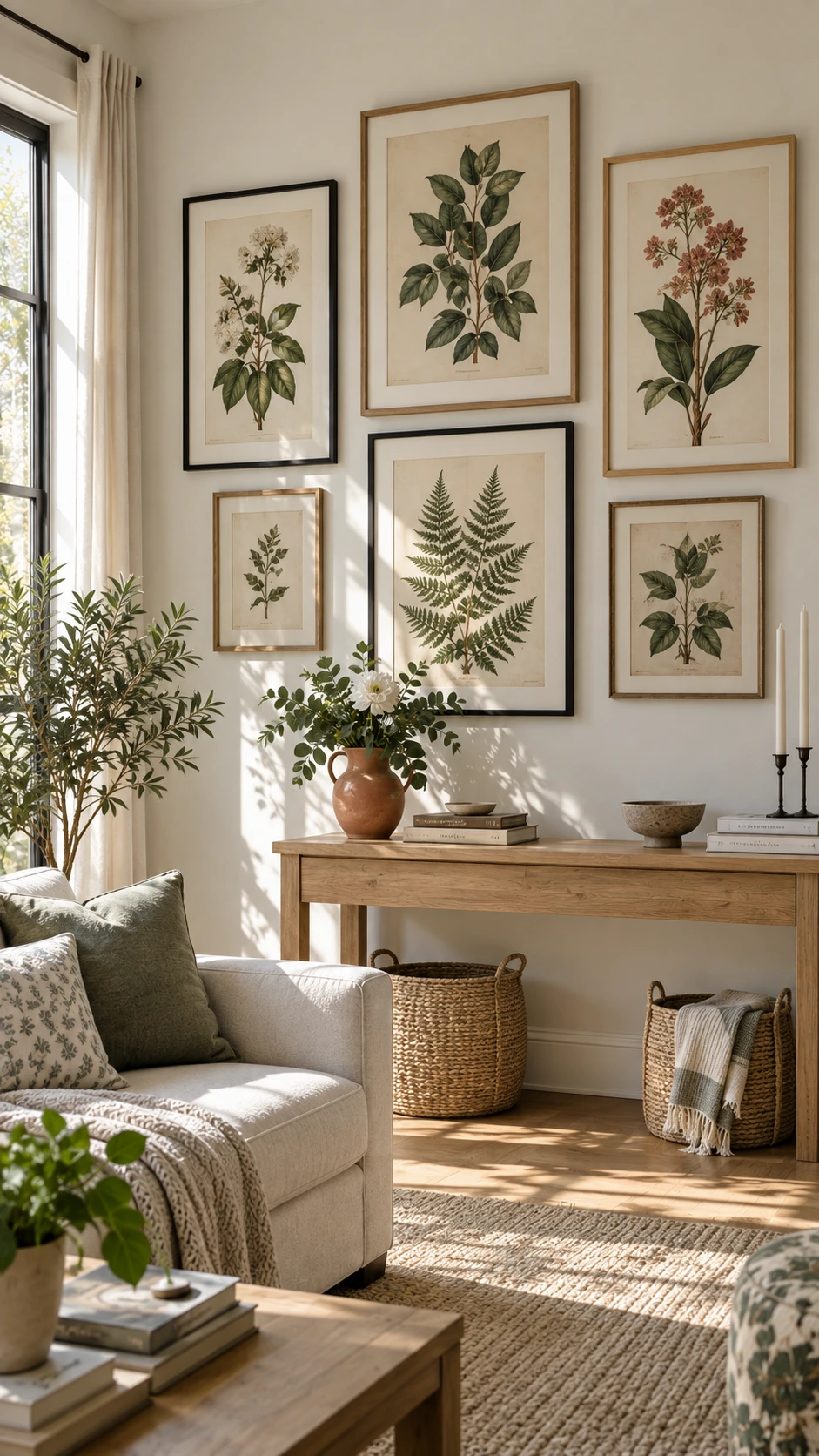 Gallery wall of framed botanical prints in varying sizes arranged on a warm white plaster wall, bringing nature-inspired hanging decor into a bright modern living room