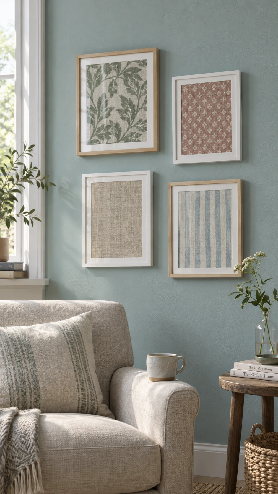 Four framed fabric and wallpaper samples arranged in an informal grid on a dusty blue-green wall, showing how small pattern swatches become intentional hanging decor