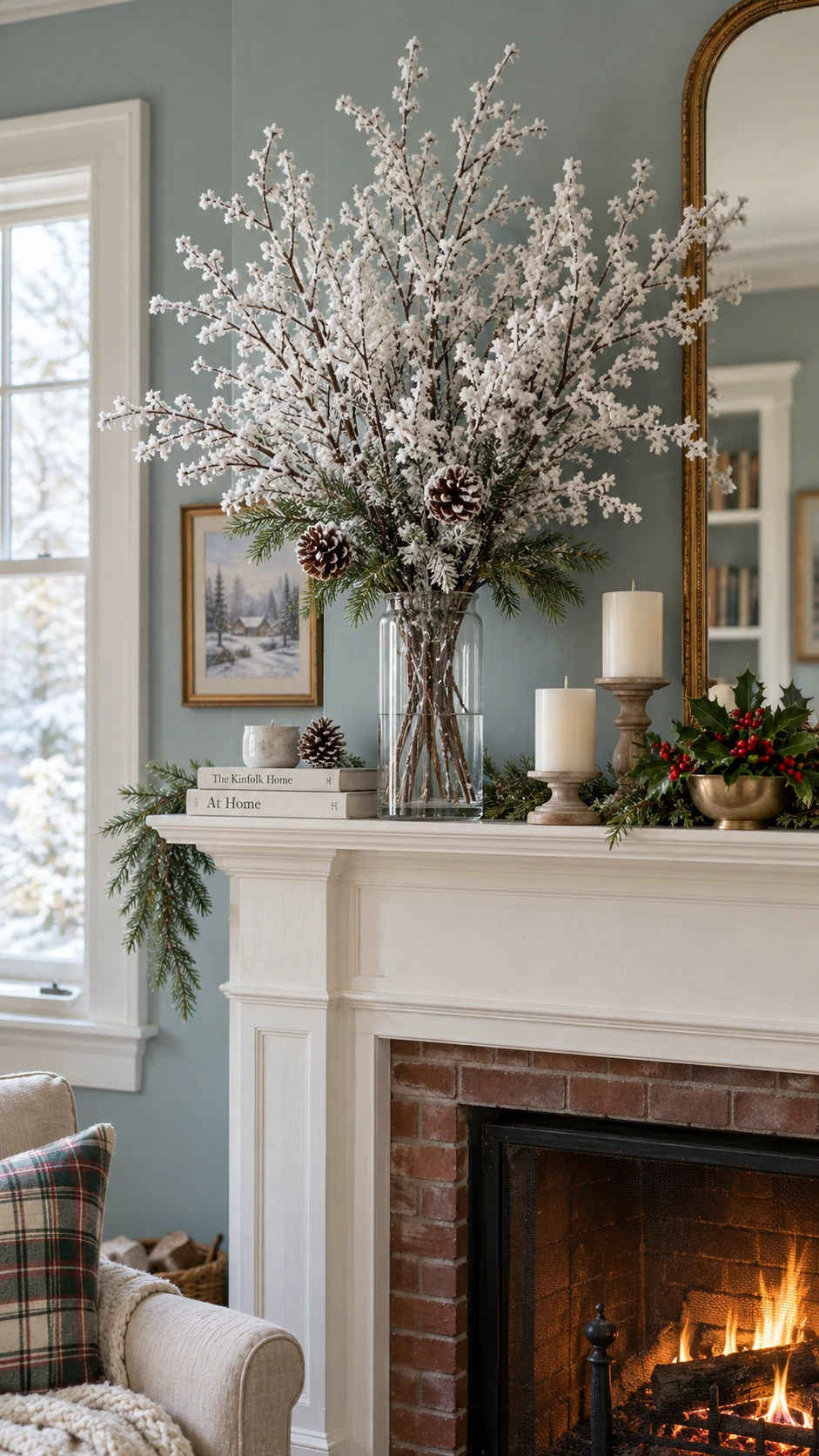 Tall clear glass vase with white frost-coated branches displayed on a Christmas fireplace mantel, creating a snowy winter branch arrangement