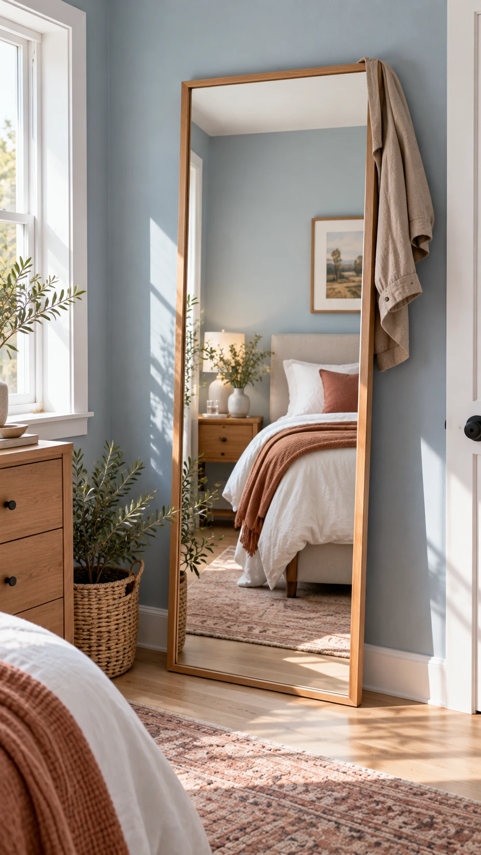 Full-length oak-framed mirror leaning against a dusty blue wall in a bright Airbnb bedroom, catching natural window light and reflecting white bedding